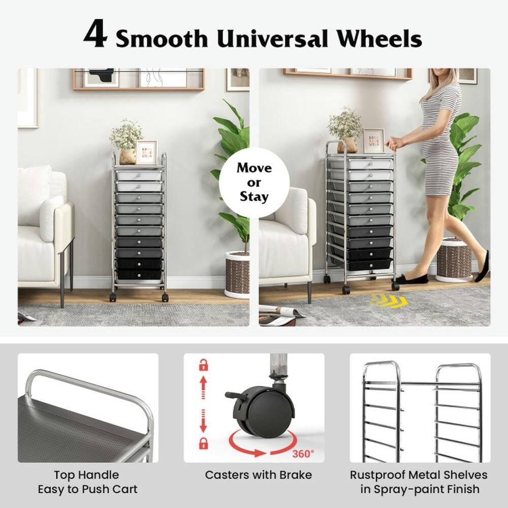 4 Smooth Universal Wheels  
Move or Stay  

Top Handle Easy to Push Cart  
Casters with Brake 360°  
Rustproof Metal Shelves in Spray-paint Finish