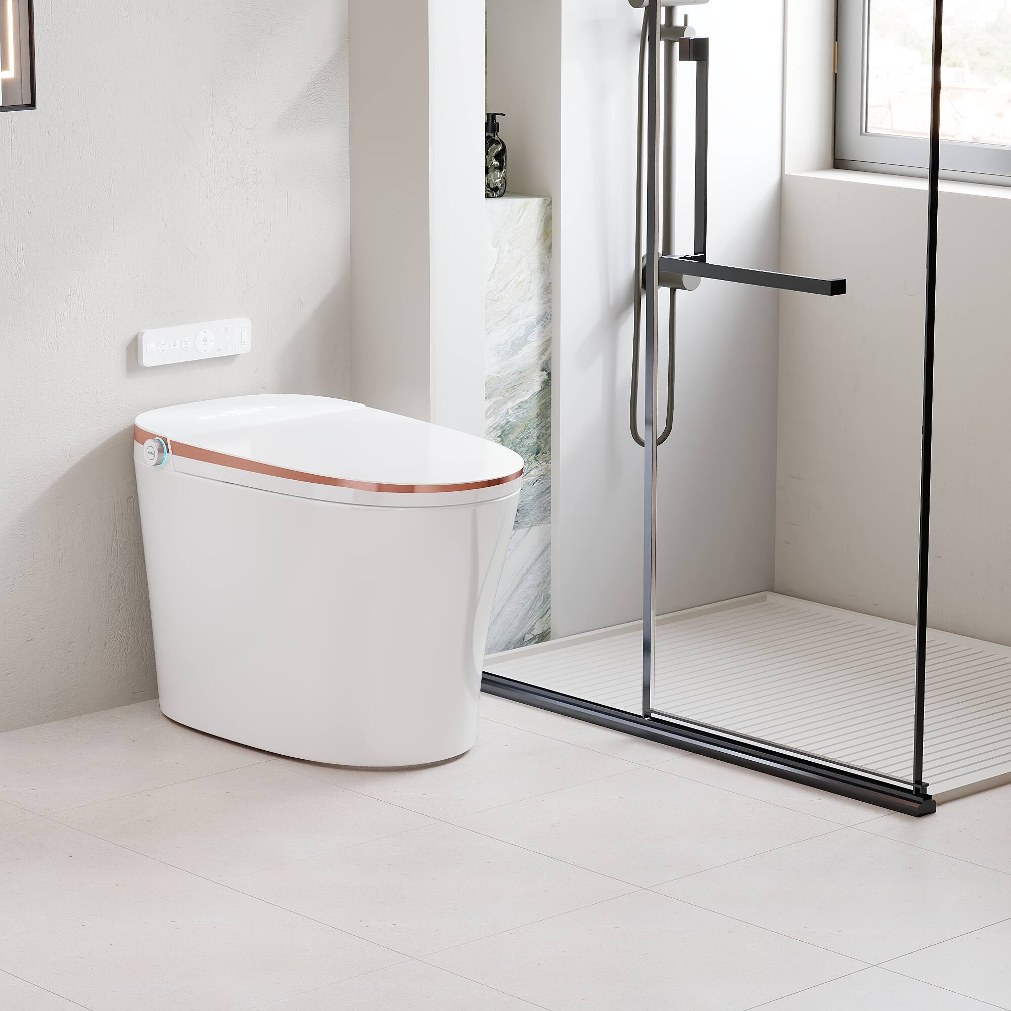 Alt View 1. TOTTE - Smart Bidet Toilet with Auto Flush, Heated Seat, Warm Water Wash, Dryer, Foam Shield & Remote Control - White & Gold.