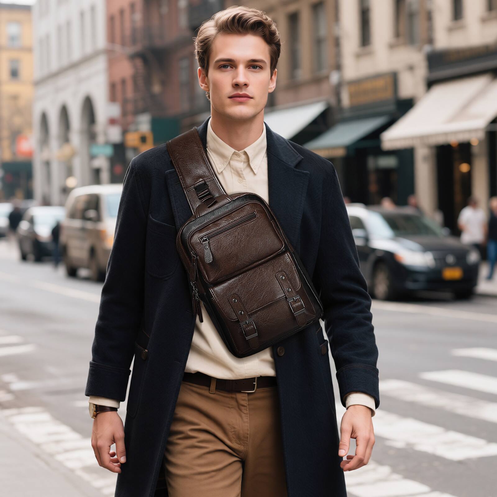 Alt View 6. Unique Bargains - Vintage PU Leather Sling Backpack Crossbody Shoulder Bag with Adjustable Strap Multi-Pocket Compact Travel Chest Bag - Dark Brown.