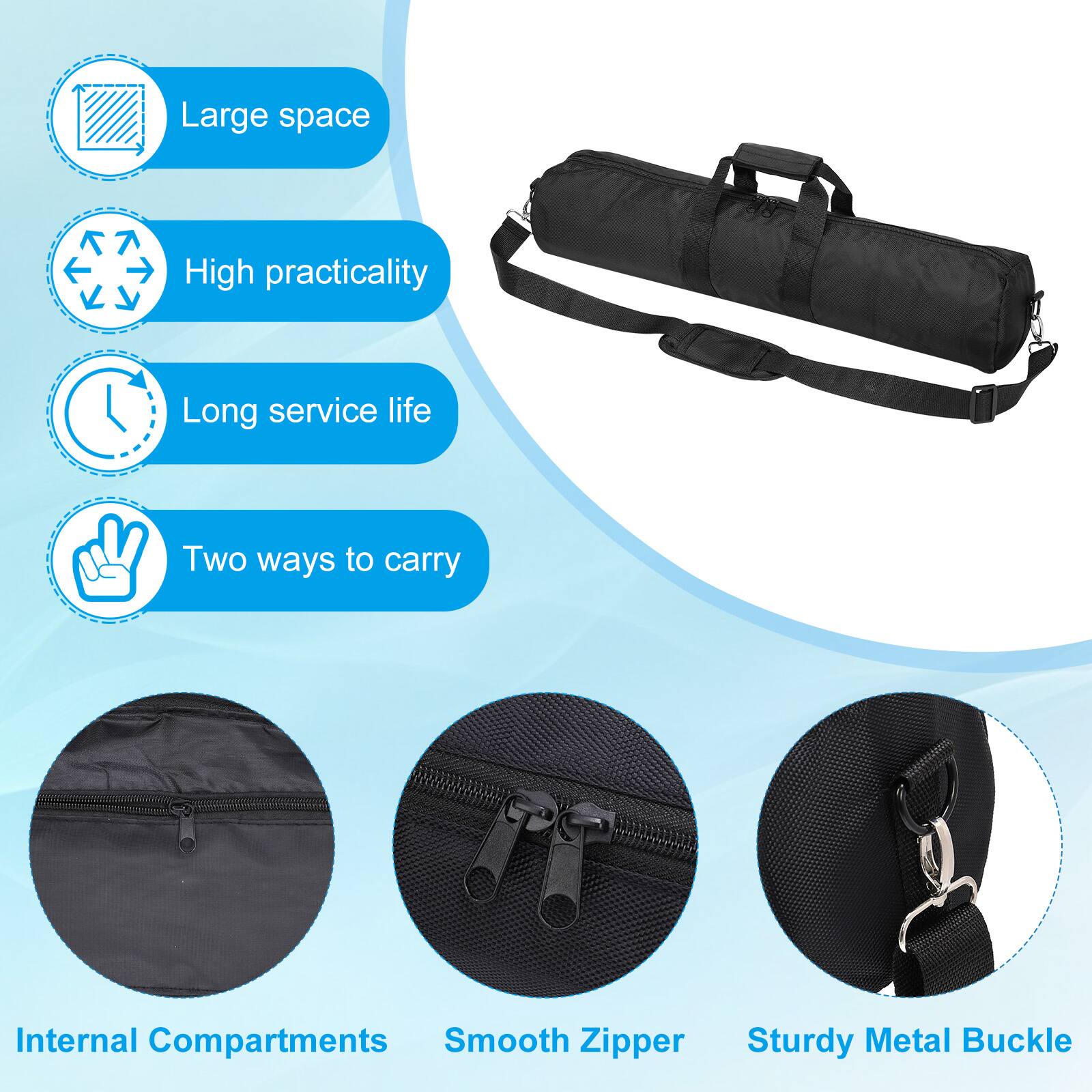 - Large space
- High practicality
- Long service life
- Two ways to carry
- Internal Compartments
- Smooth Zipper
- Sturdy Metal Buckle
