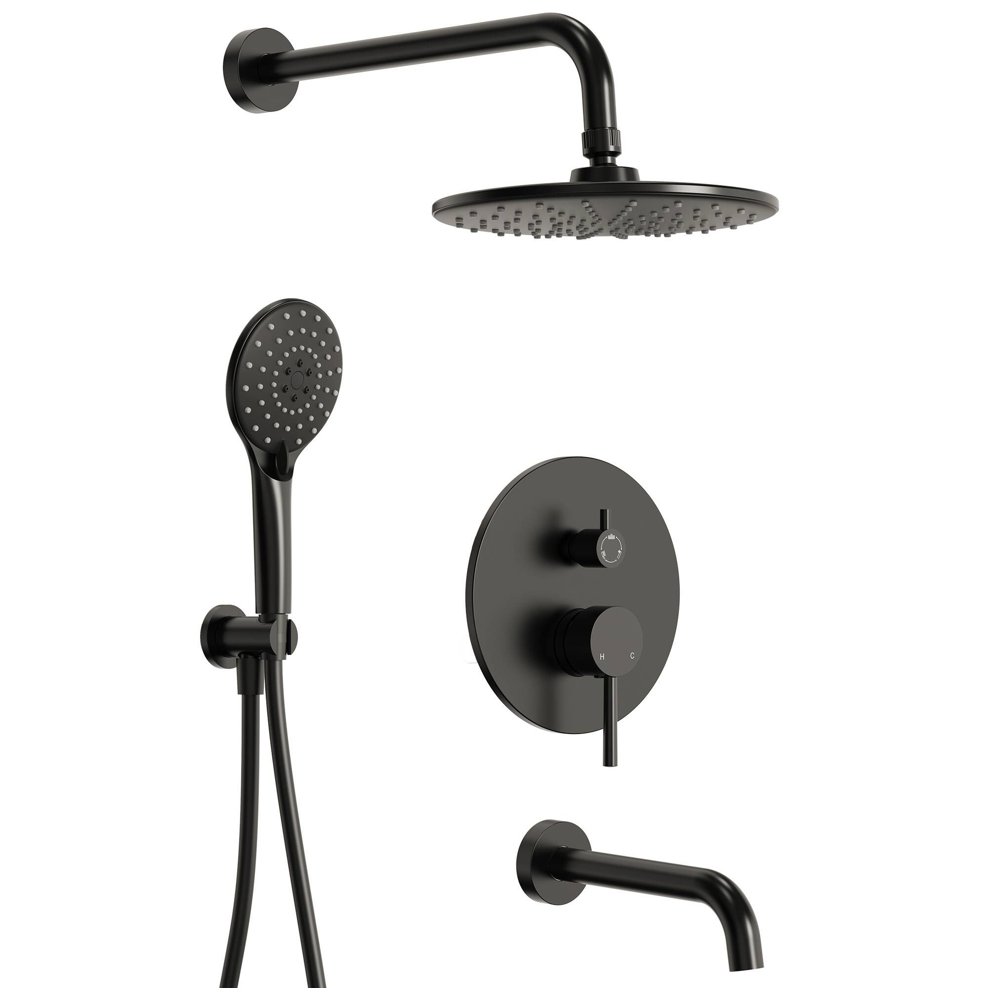 Front. GRANDJOY - 3-Function Shower Faucet Set with 10" Rainfall Head, Handheld Sprayer and Shower Valve Combo - Matte Black.