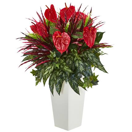 Front. BreeBe - 33" Mixed Anthurium Plant in White Tower Vase - Green.