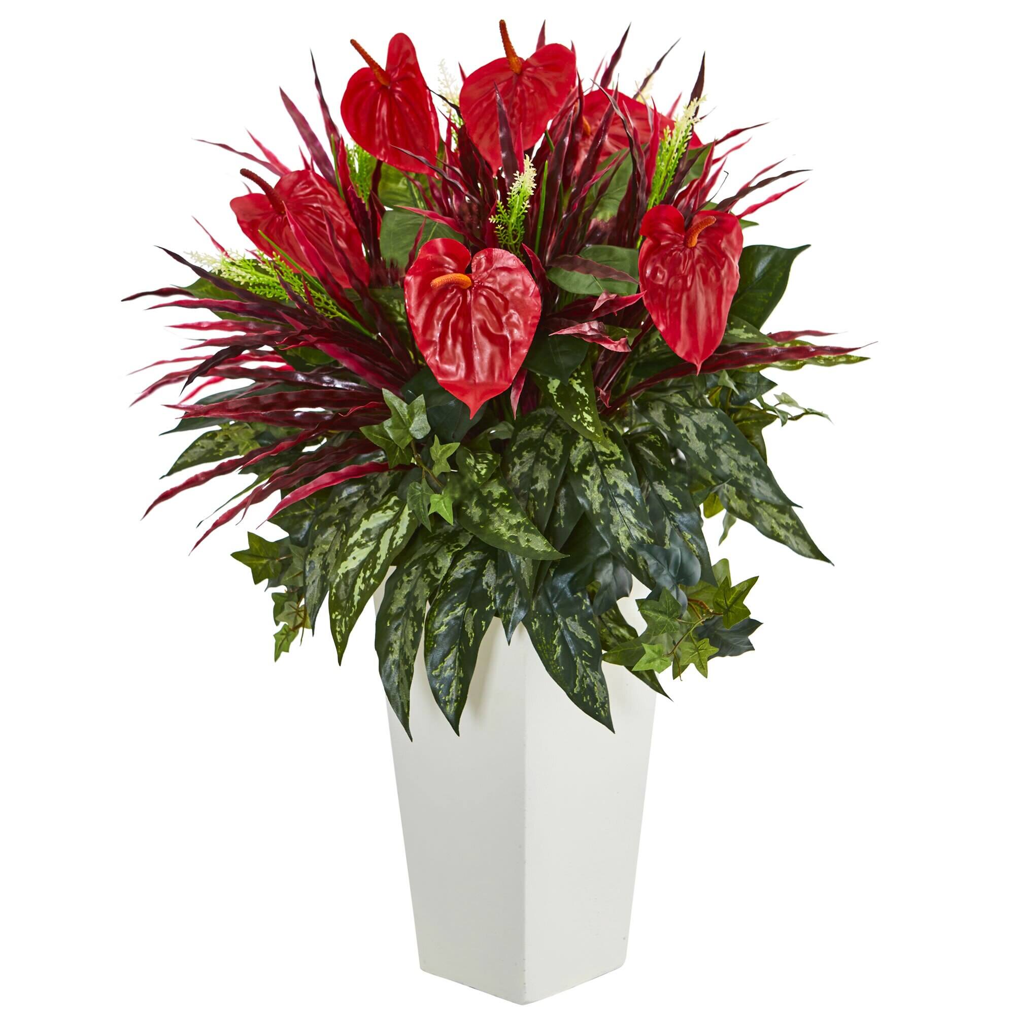 Front. BreeBe - 33" Mixed Anthurium Plant in White Tower Vase - Green.