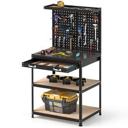 Costway - 32" x 16" Workbench with Pegboard 20PCS Tool Hooks Drawer and Open Shelves - Black