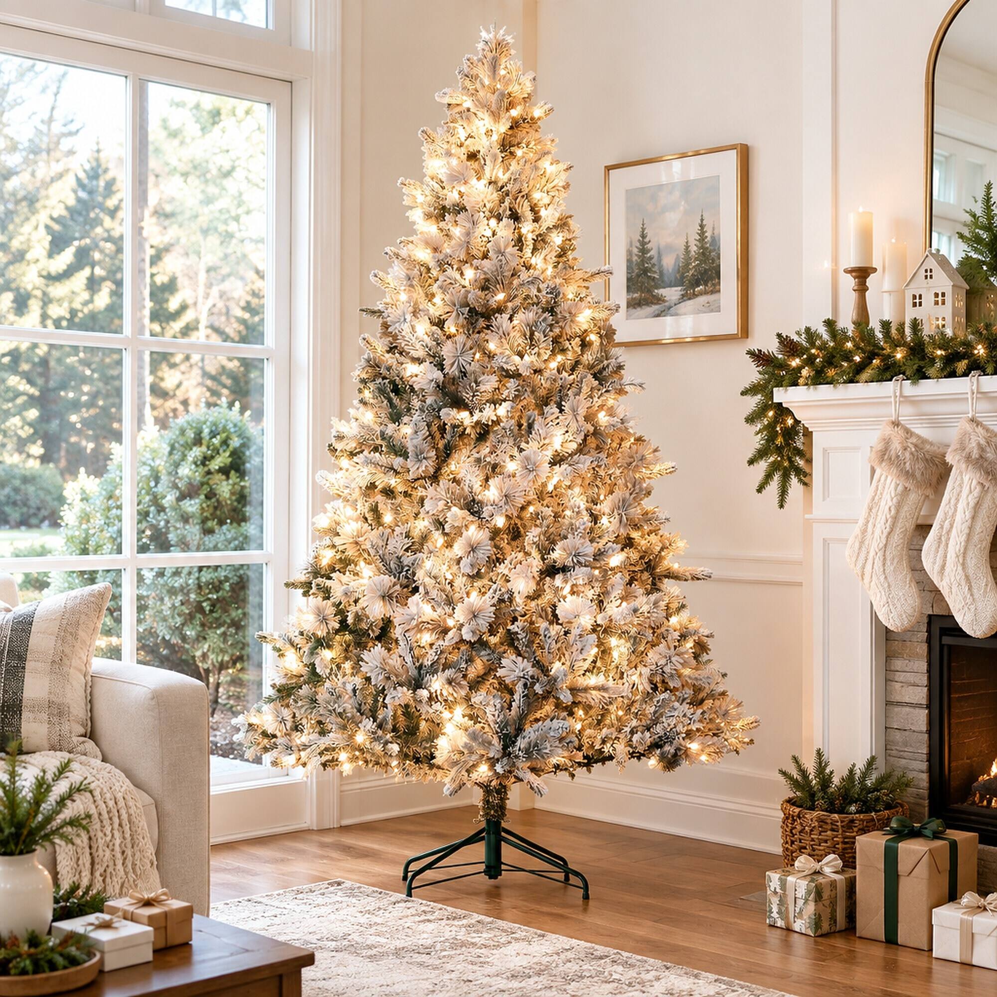 Back. RYHNUYNE - 7.5 Ft Snow Flocked Artificial Christmas Tree With 500 Clear Lights, 1530 Tips Hinged Metal Stand Holiday Decor - Green.