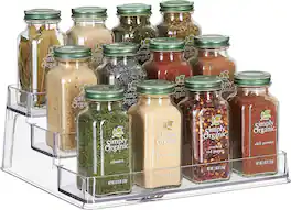 Home Intuition - 3-Tier Spice Rack Glass Spice-Jar Organizer for Cabinet Kitchen Pantry Shelf-Organizer - Clear