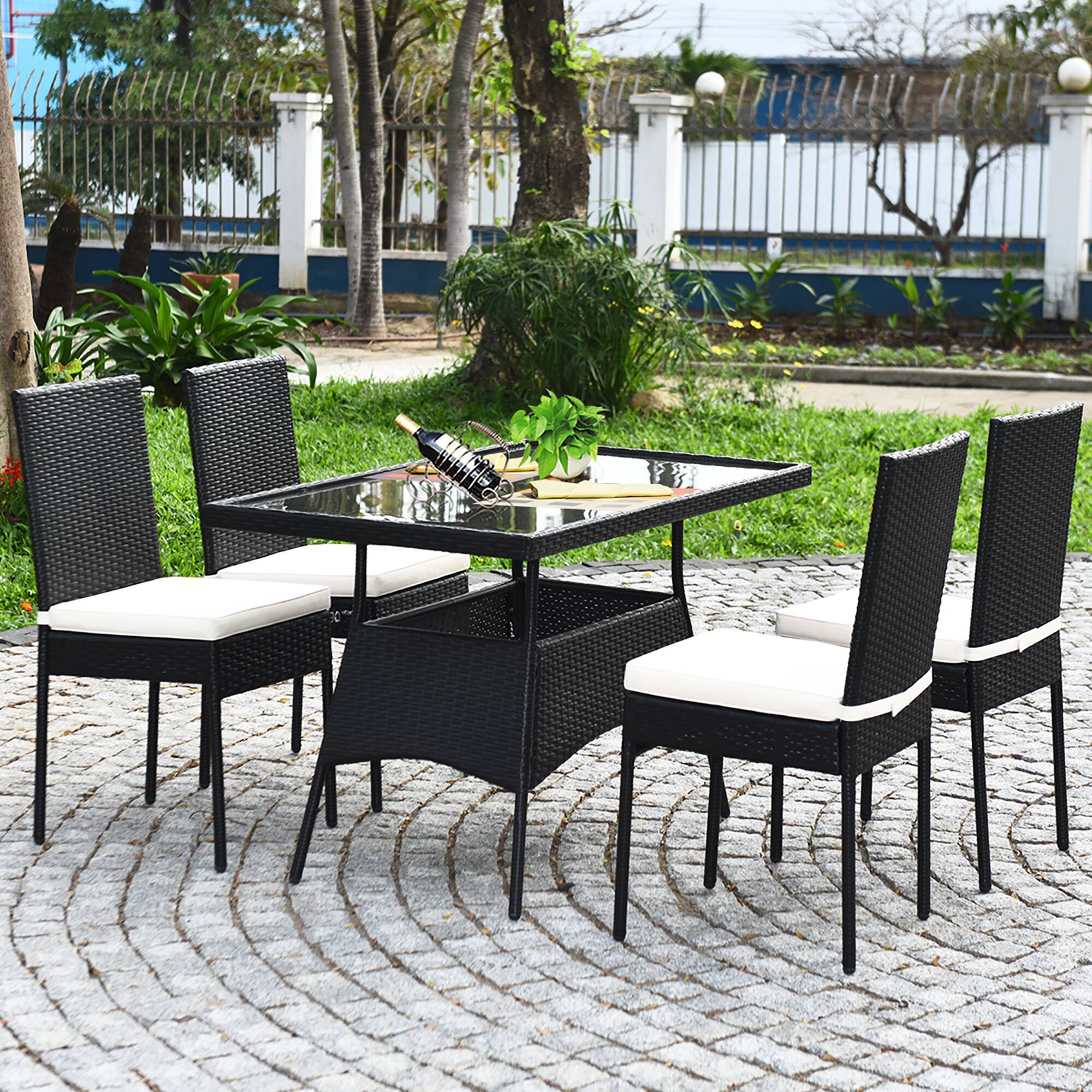 Alt View 2. Costway - Costway 10PCS Patio Rattan Dining Set Cushioned Chair Table with Glass Top Garden Furniture - Black.