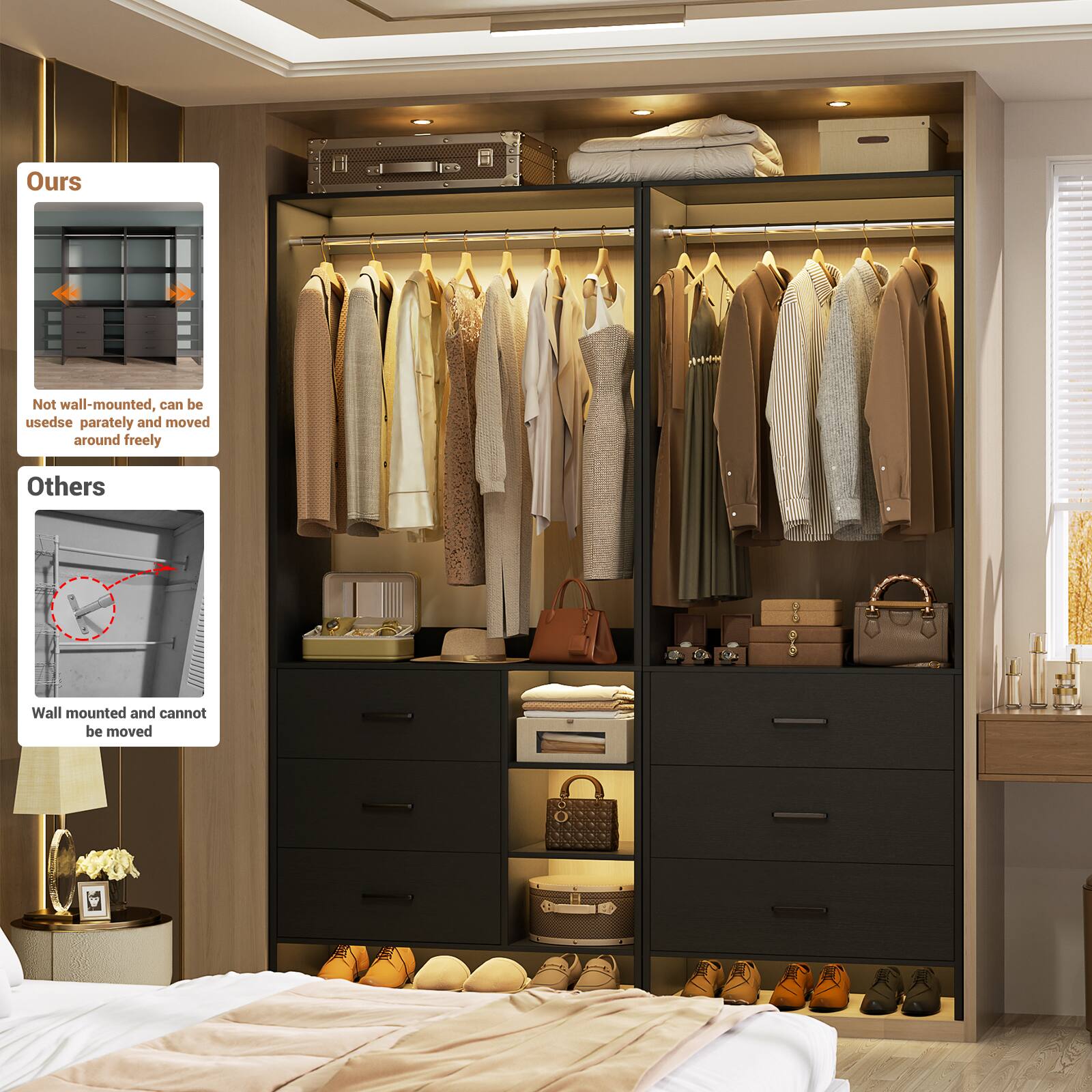 Ours: Not wall-mounted, can be used separately and moved around freely  
Others: Wall mounted and cannot be moved