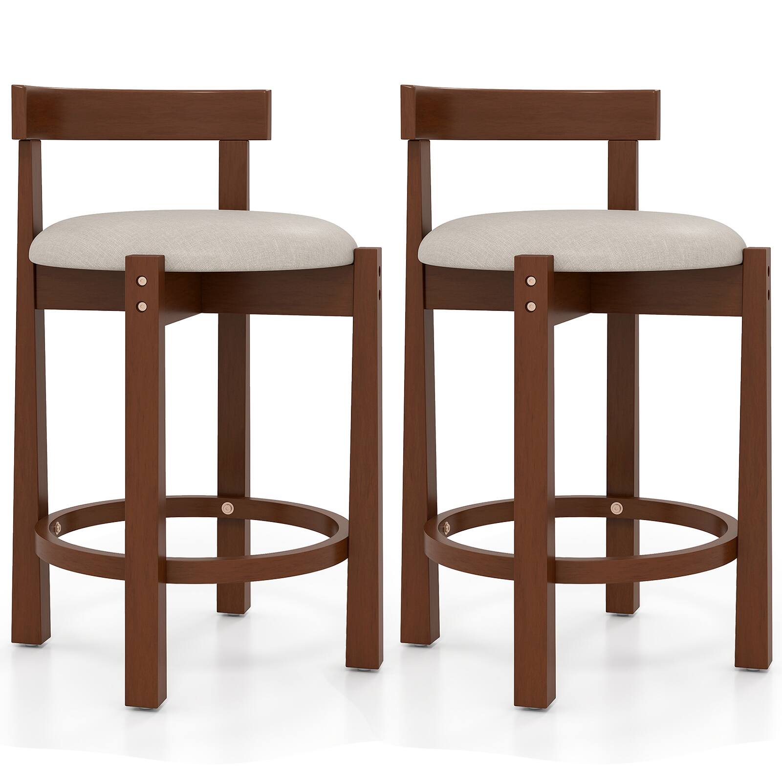 Gymax - 24'' Counter Height Bar Stools Set of 2 w/Backrests & Footrests for Kitchen - Beige