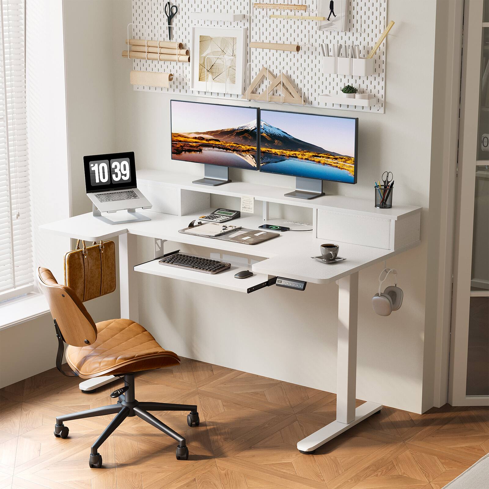 Alt View 1. OffiGo - 55" U Shaped Electric Standing Desk with Drawers, Height Adjustable Sit Stand Table with Power Outlets for Home Office - White.