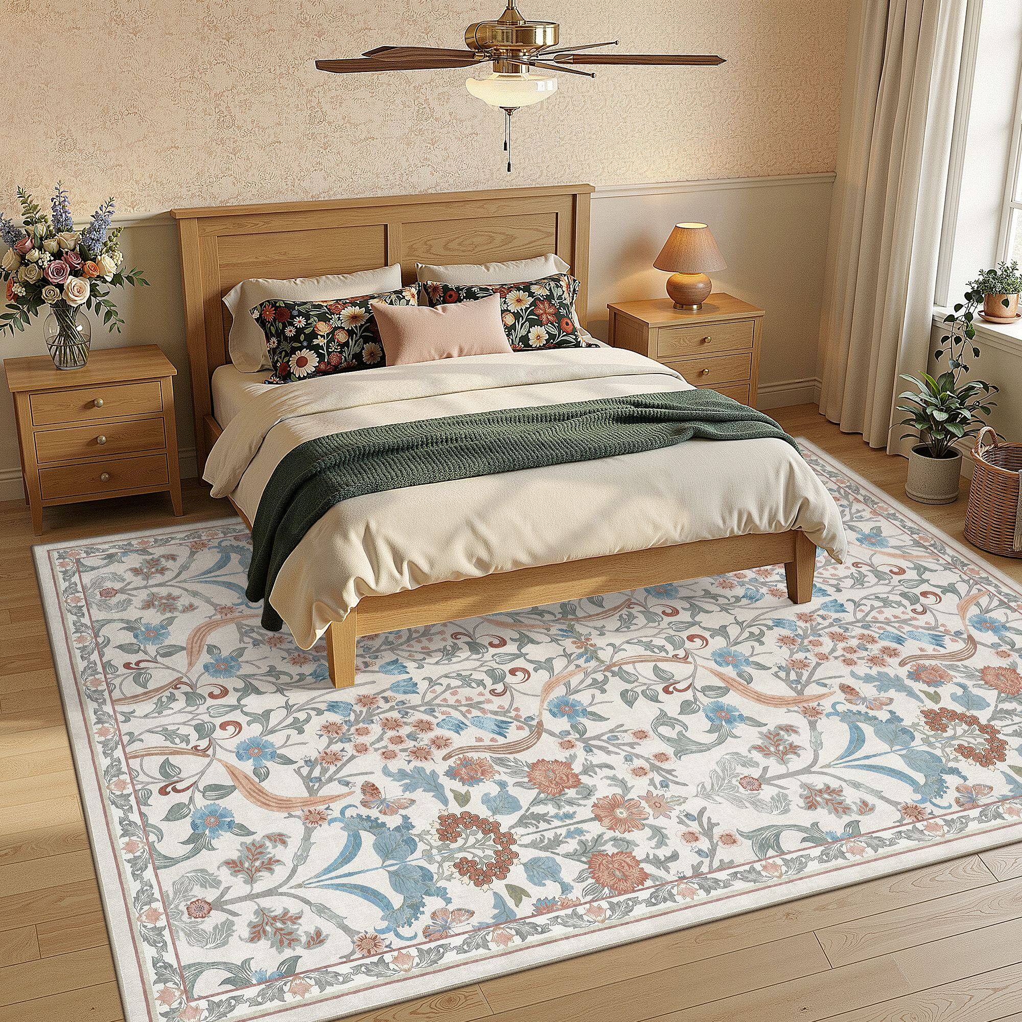 Left. Yardgrace - 6' x 9' ft Farmhouse Floral Area Rug Washable with Non-Slip for Playroom Living Room Bedroom - Beige.