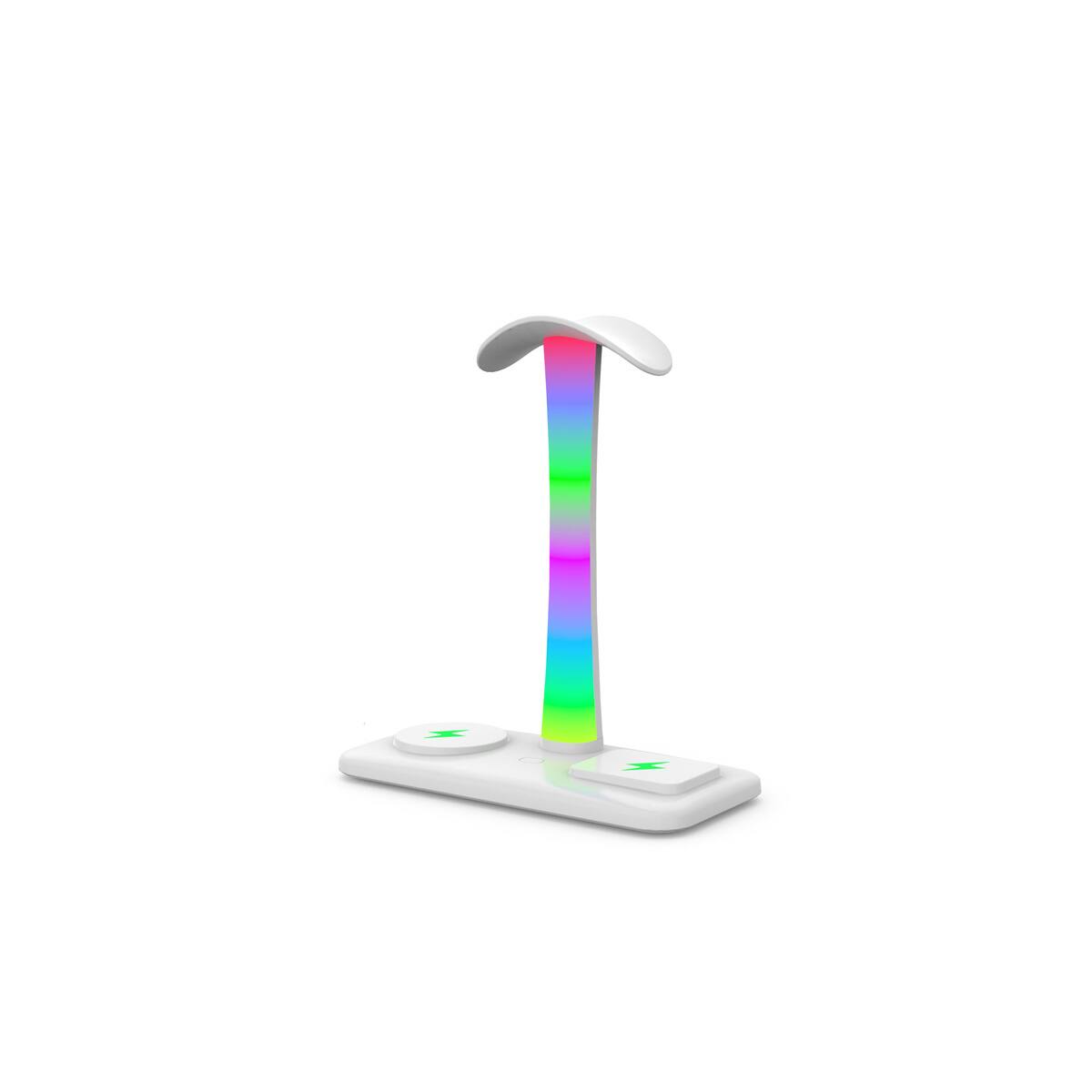 Angle. RISOKEYS - 3-in-1 Wireless Charger - Power Adapter for Gaming Headset, Charger Stand, Universal Wireless Phone Charger - White.