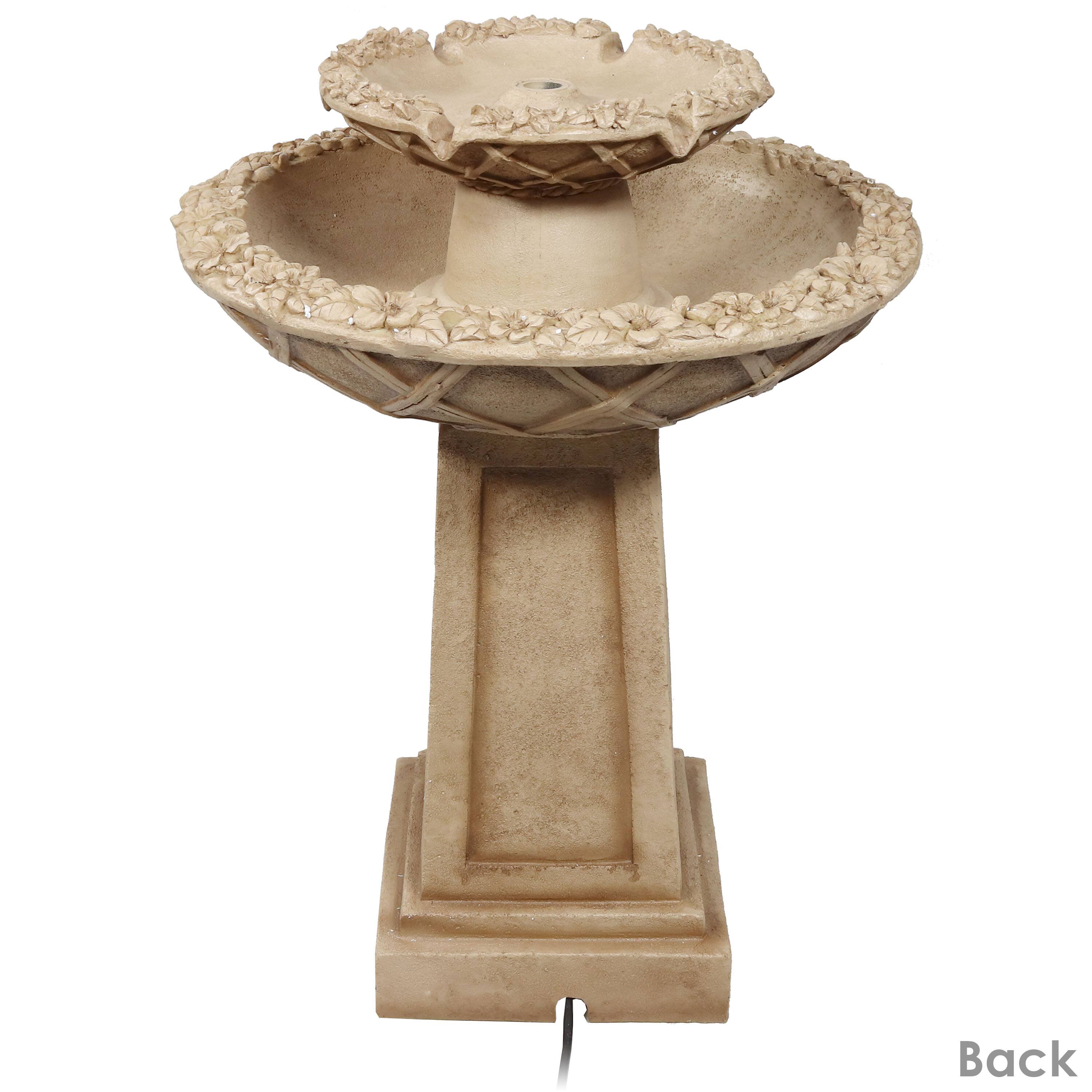 Alt View 8. Sunnydaze - Beveled Flower Polyresin Outdoor 2-Tier Bird Bath Fountain - Light Brown.