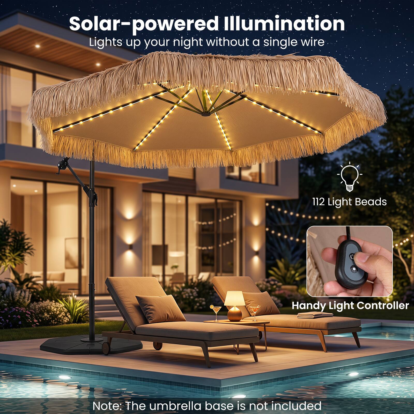 Solar-powered Illumination Lights up your night without a single wire

112 Light Beads

Handy Light Controller

Note: The umbrella base is not included
