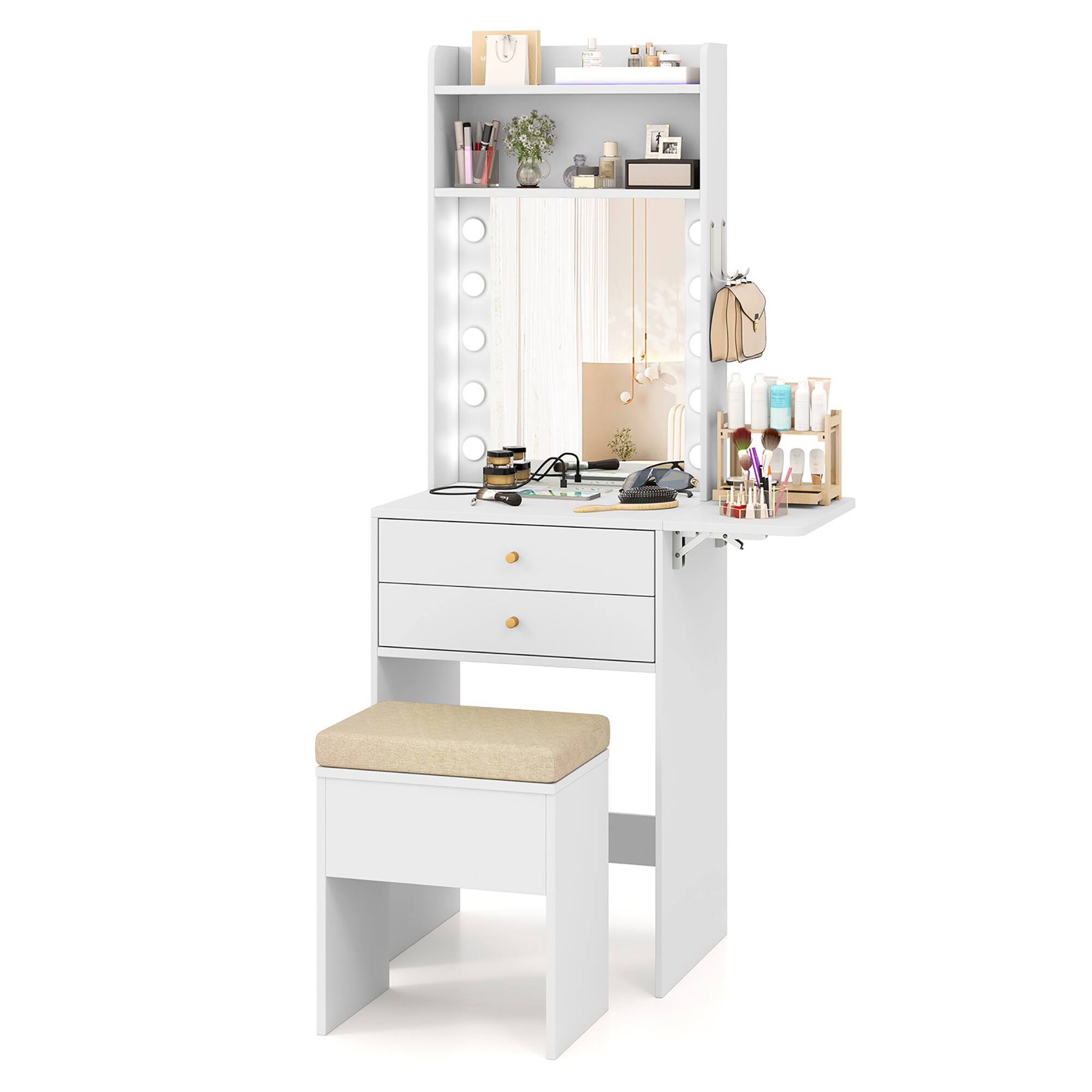 Gymax - Vanity Desk Set w/ Mirror and Lights 3-Color Lighted Mirror Cushioned Stool - White price history on PriceWatchPro