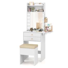 Gymax - Vanity Desk Set w/ Mirror and Lights 3-Color Lighted Mirror Cushioned Stool - White