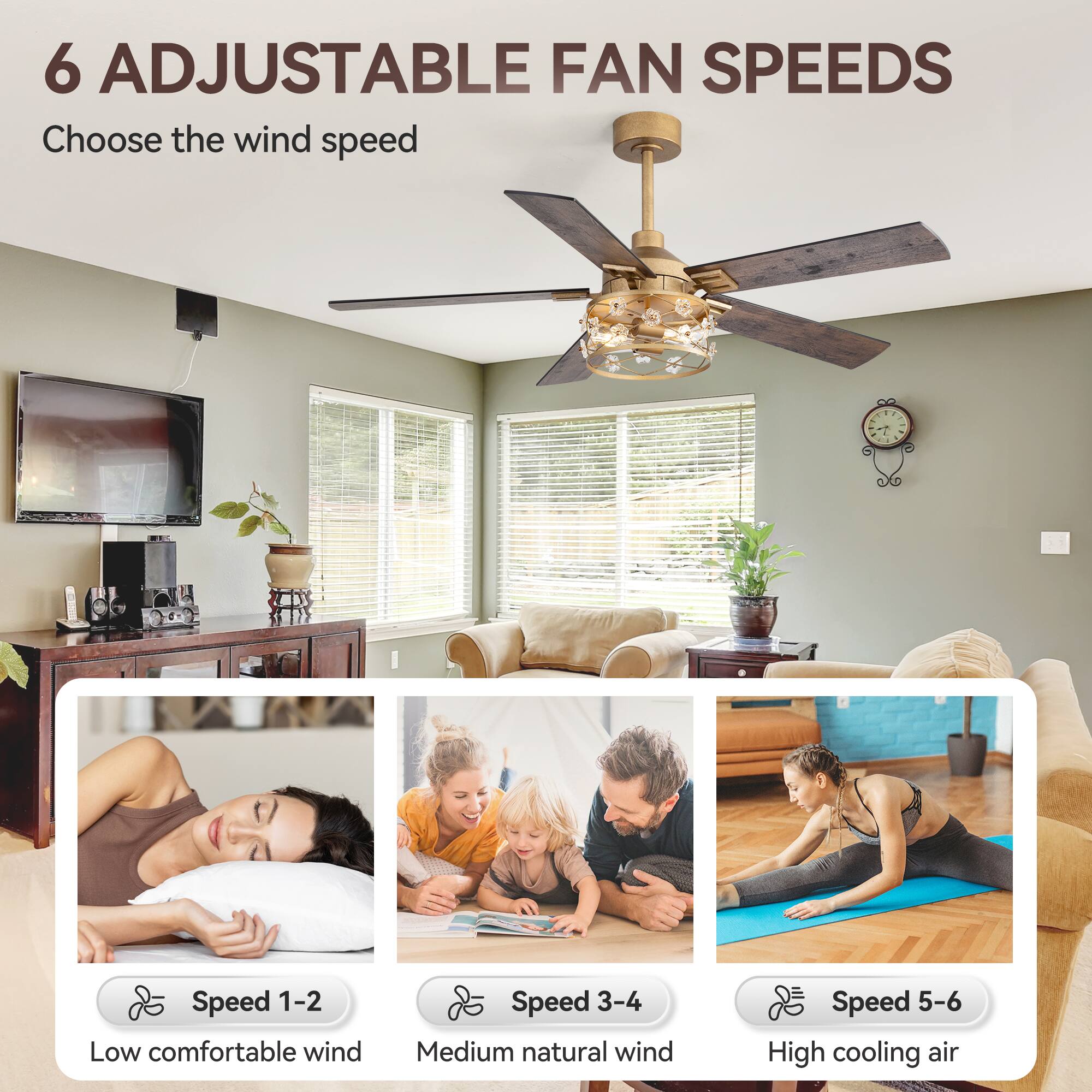 6 Adjustable Fan Speeds  
Choose the wind speed  

Speed 1-2  
Low comfortable wind  

Speed 3-4  
Medium natural wind  

Speed 5-6  
High cooling air