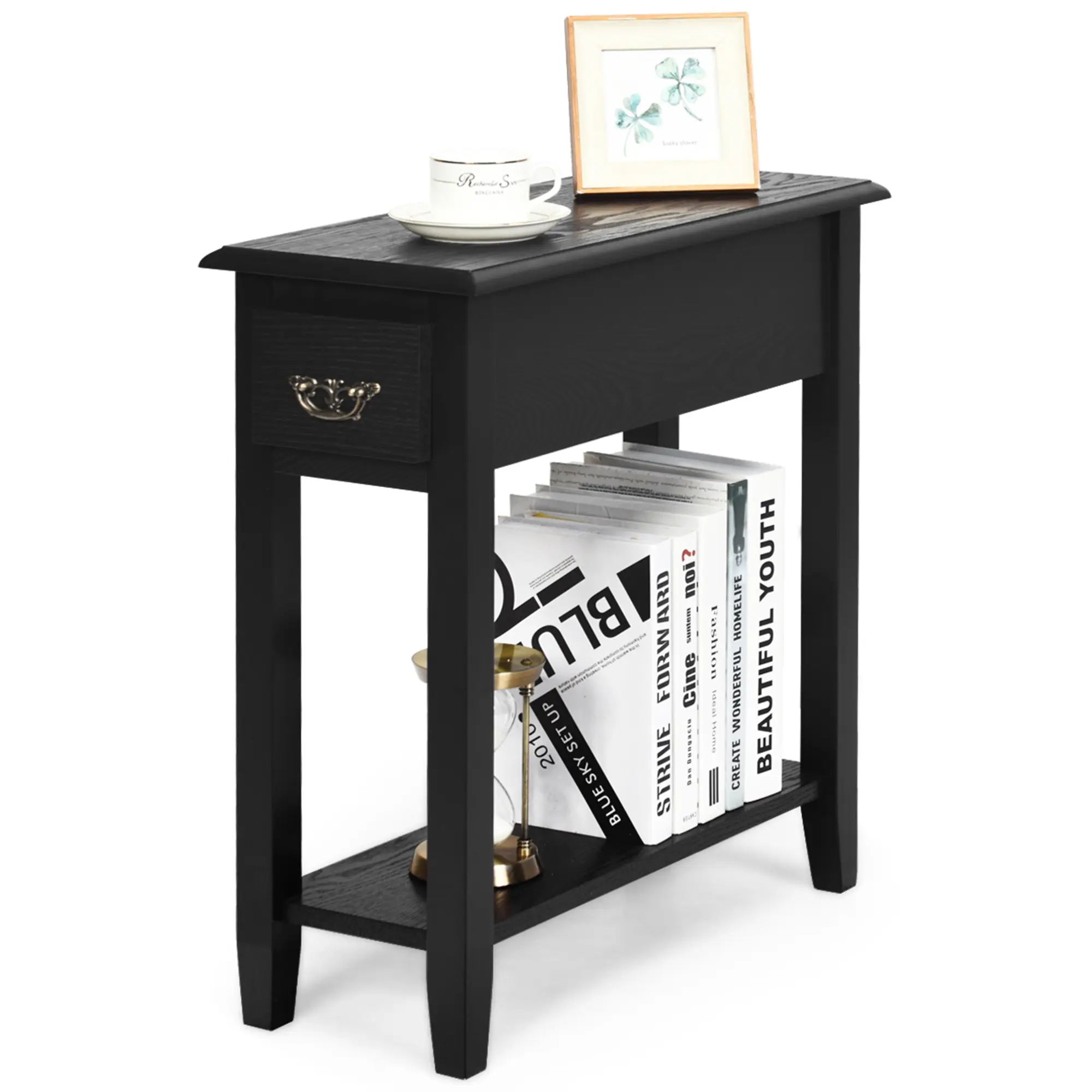 Costway - 2 Tier End Bedside Sofa Side Table Narrow Nightstand w/Drawer &Shelf - Black