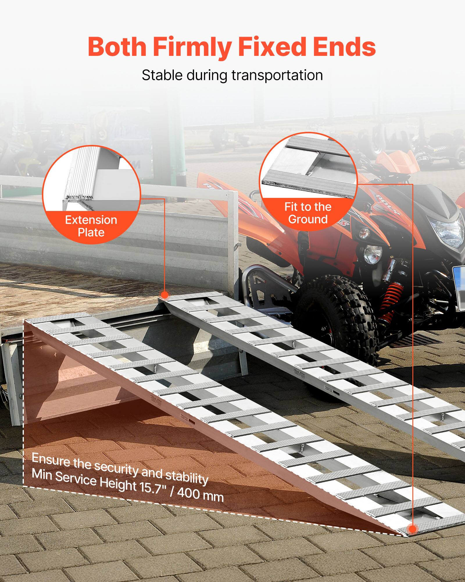 Both Firmly Fixed Ends  
Stable during transportation  

Extension Plate  
Fit to the Ground  

Ensure the security and stability  
Min Service Height 15.7" / 400 mm
