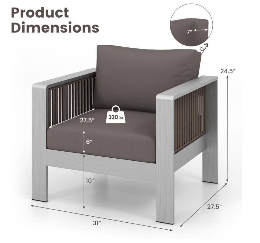 Product Dimensions:  
- Height: 24.5"  
- Width: 31"  
- Depth: 27.5"  
- Seat Height: 6"  
- Back Height: 27.5"  
- Armrest Height: 7"  
- Weight Capacity: 330 lbs