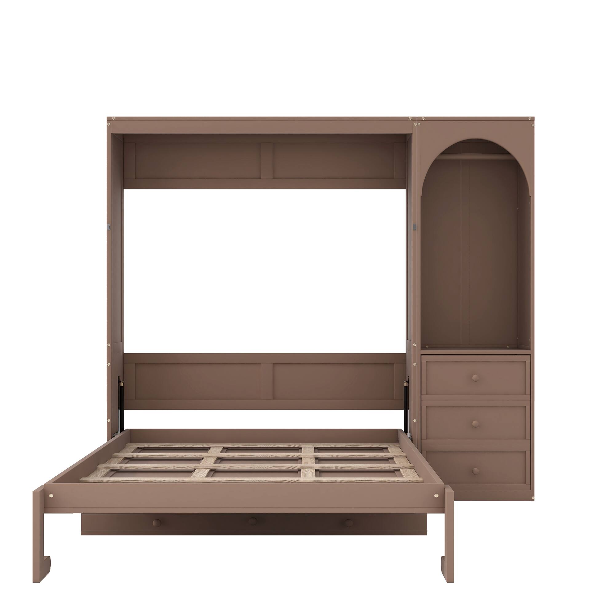 Alt View 1. Whisen - Queen Size Murphy Bed with Storage Shelf, LED Light, Closet Rod & 3 Drawers, Space-Saving Desk Unit - Brown.
