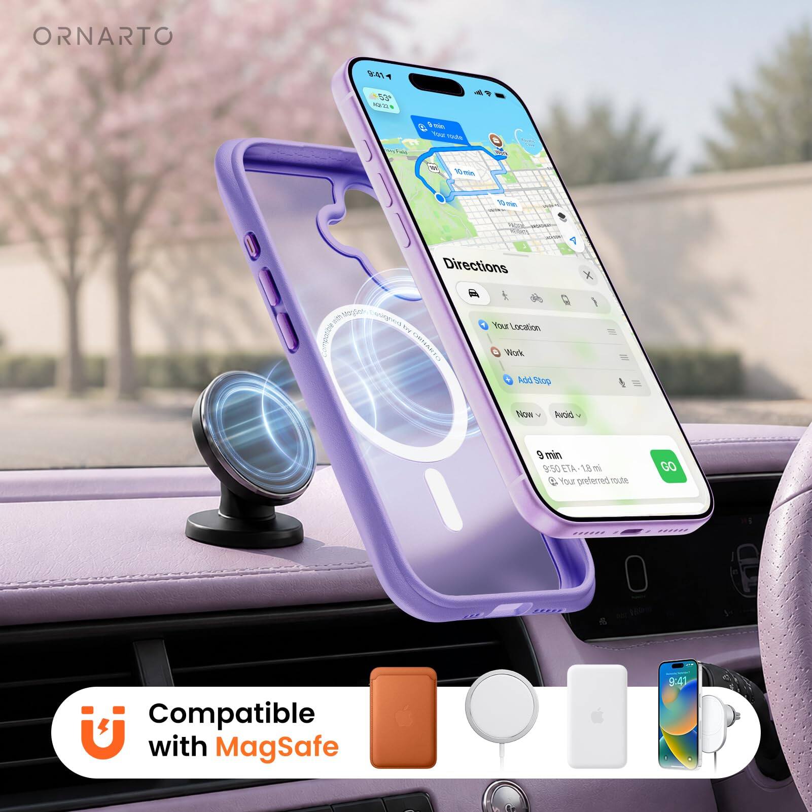 ORNARTO

9:41
53°
NOV 22

Field
5 min Your route
Mork

10 min
10 min
Compatible

Directions
Your Location
Work
Add Stop

Now
Avoid

9 min 9:50 ETA 1.8 mi
Your preferred route
GO

Compatible with MagSafe
