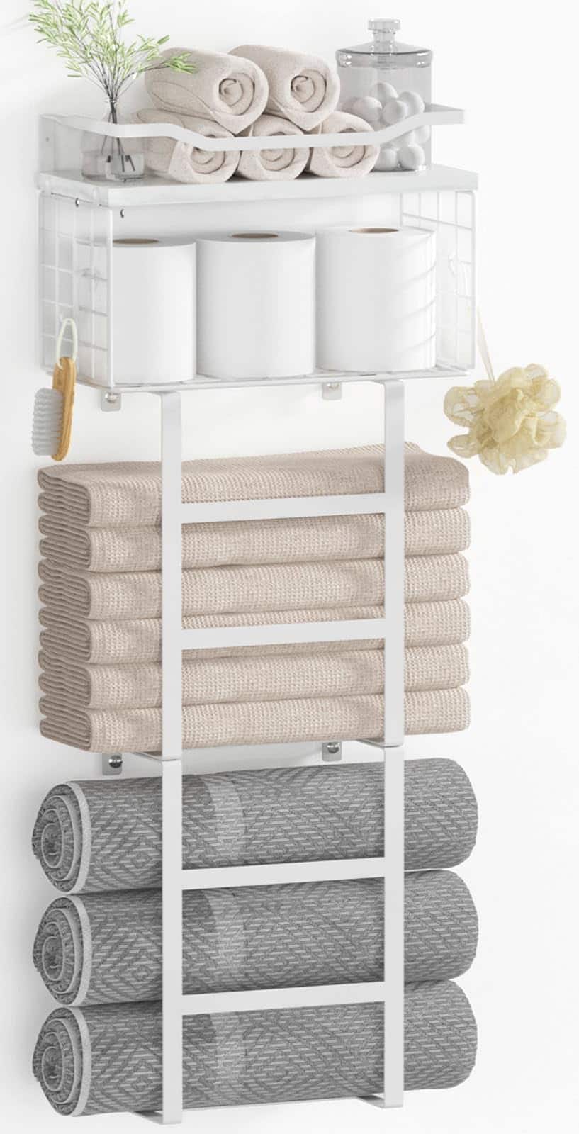 Dazzling Pops - Towel Racks for Bathroom , Rolled Towel Holder, Towel Rack Wall Mounted with 2 Pack Shelf and a Wire Basket - All White