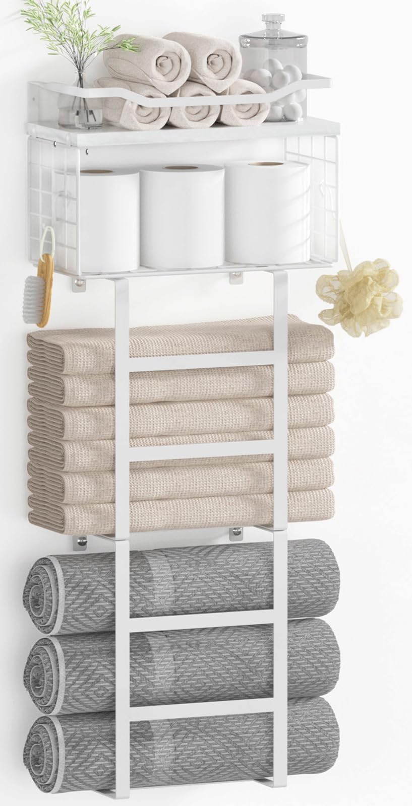 Dazzling Pops - Towel Racks for Bathroom , Rolled Towel Holder, Towel Rack Wall Mounted with 2 Pack Shelf and a Wire Basket - All White
