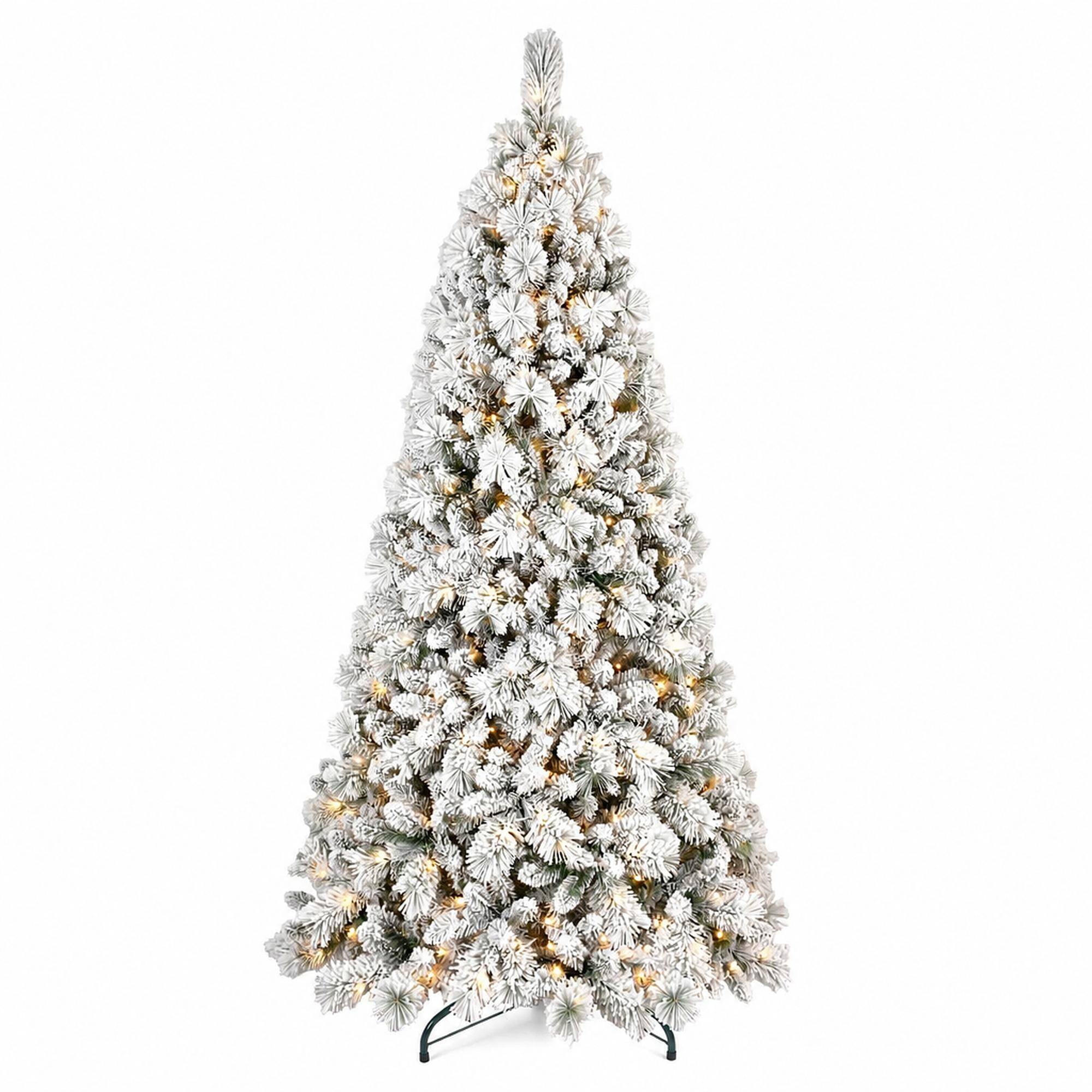 Front. RYHNUYNE - 7FT Flocked Pre-Lit Christmas Tree,450 Warm White LED Lights 1060 Tips PVC Hard Needle Hinged Design - Green,White.