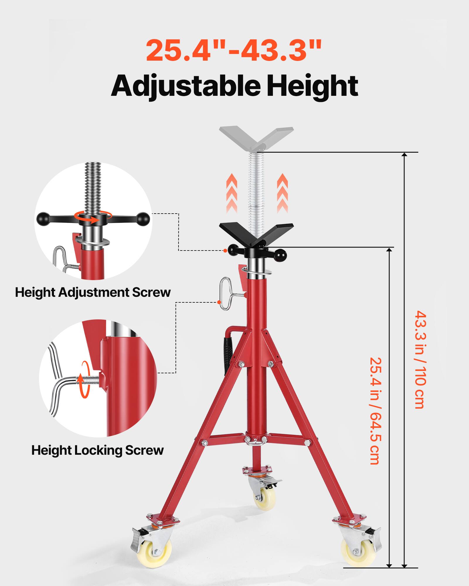 25.4"-43.3" Adjustable Height  
Height Adjustment Screw  
Height Locking Screw  
25.4 in / 64.5 cm  
43.3 in / 110 cm