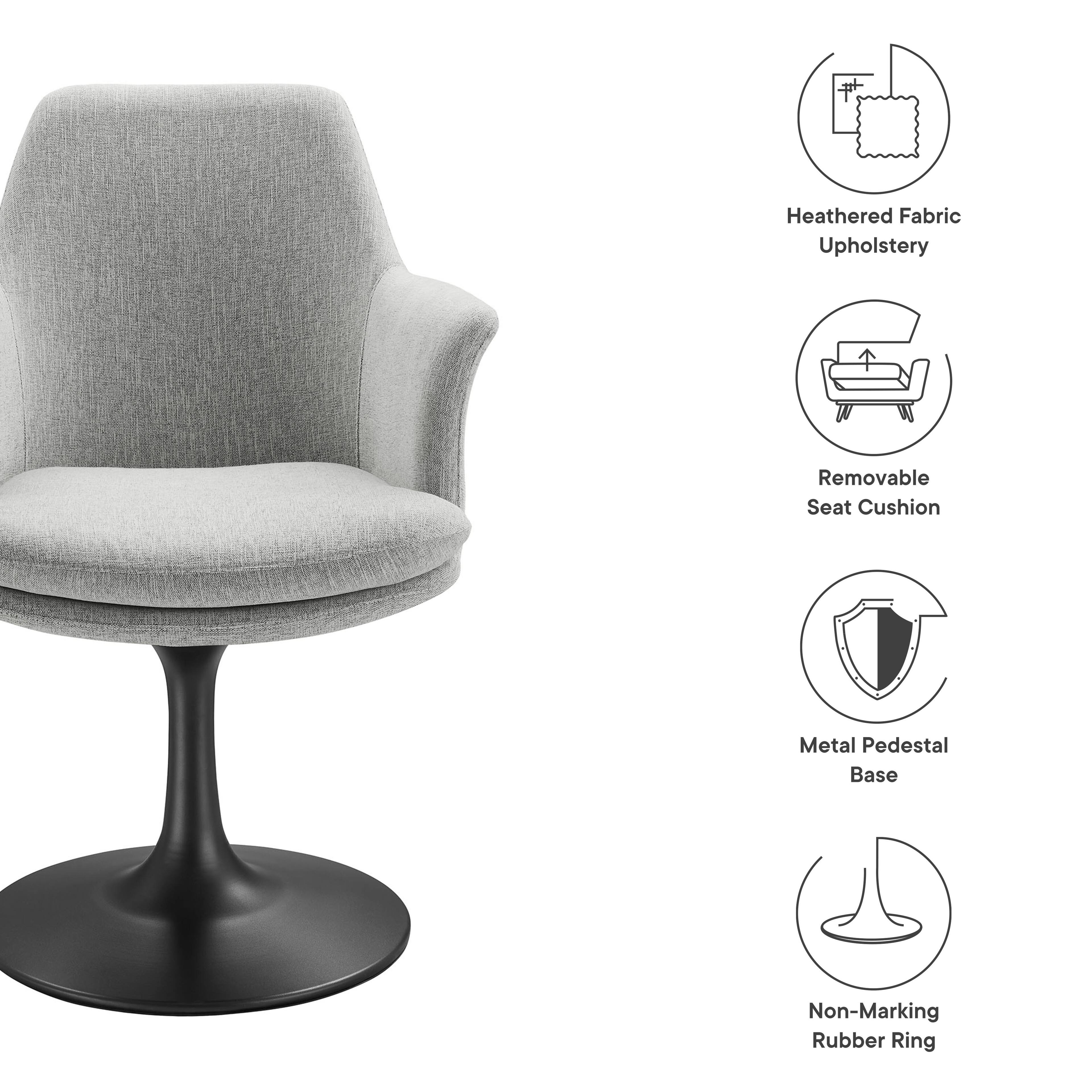 - Heathered Fabric Upholstery
- Removable Seat Cushion
- Metal Pedestal Base
- Non-Marking Rubber Ring