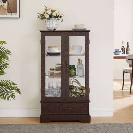 Front. Mirfee - Lighted Glass Curio Cabinet with Adjustable Shelves, 2 Doors, 1 Drawer, Bulb Included - Cherry.