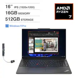 Lenovo - ThinkPad E16 Laptop 16.0 WUXGA Display (Ryzen 7 7735U, 16GB, 512GB SSD, AMD Radeon 680M, Win 11 Pro) w/USB Hub - Black