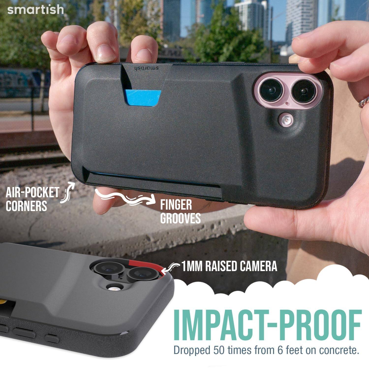 smartish  
AIR-POCKET CORNERS  
FINGER GROOVES  
1MM RAISED CAMERA  
IMPACT-PROOF  
Dropped 50 times from 6 feet on concrete.