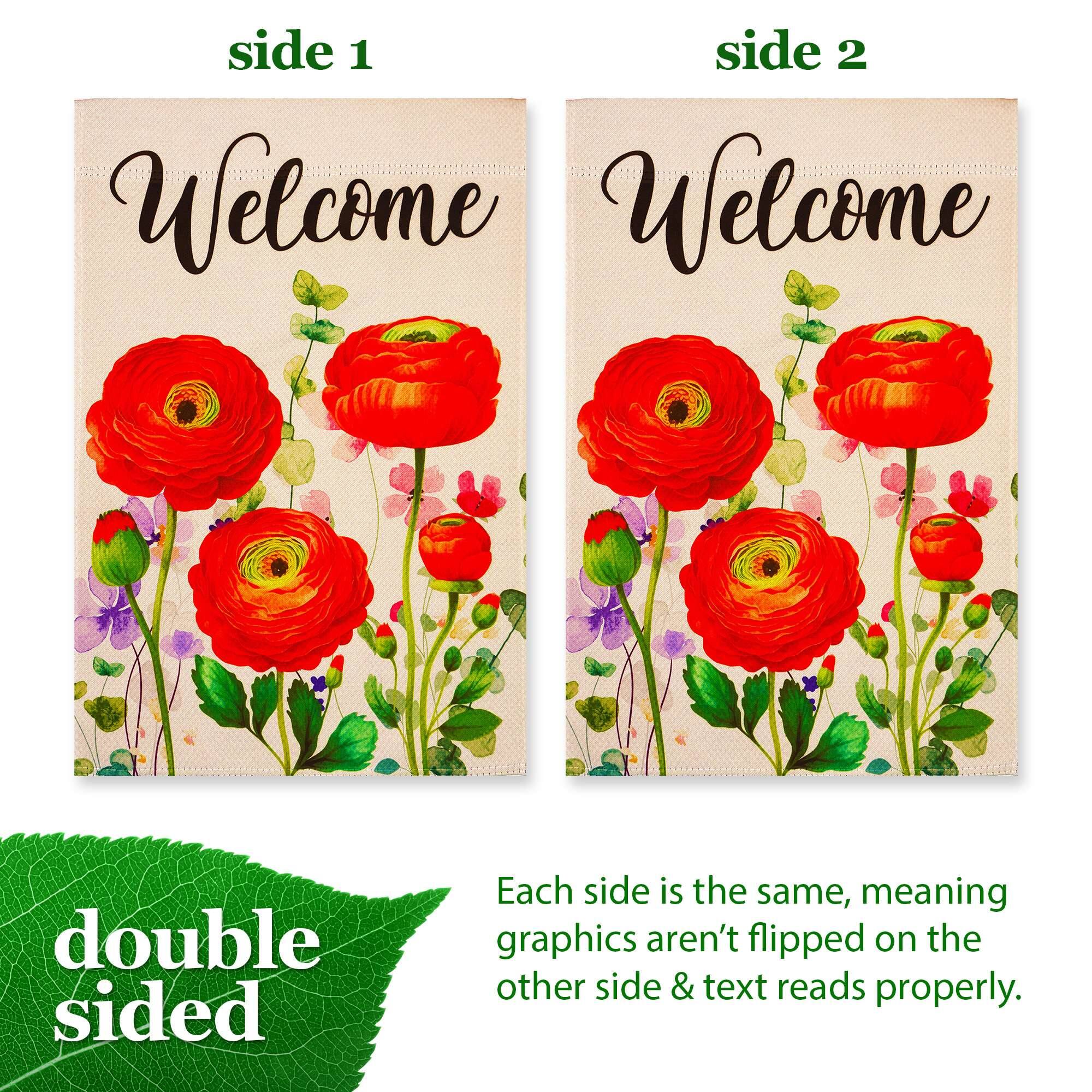 side 1 side 2 Welcome Welcome double sided Each side is the same, meaning graphics aren't flipped on the other side & text reads properly.