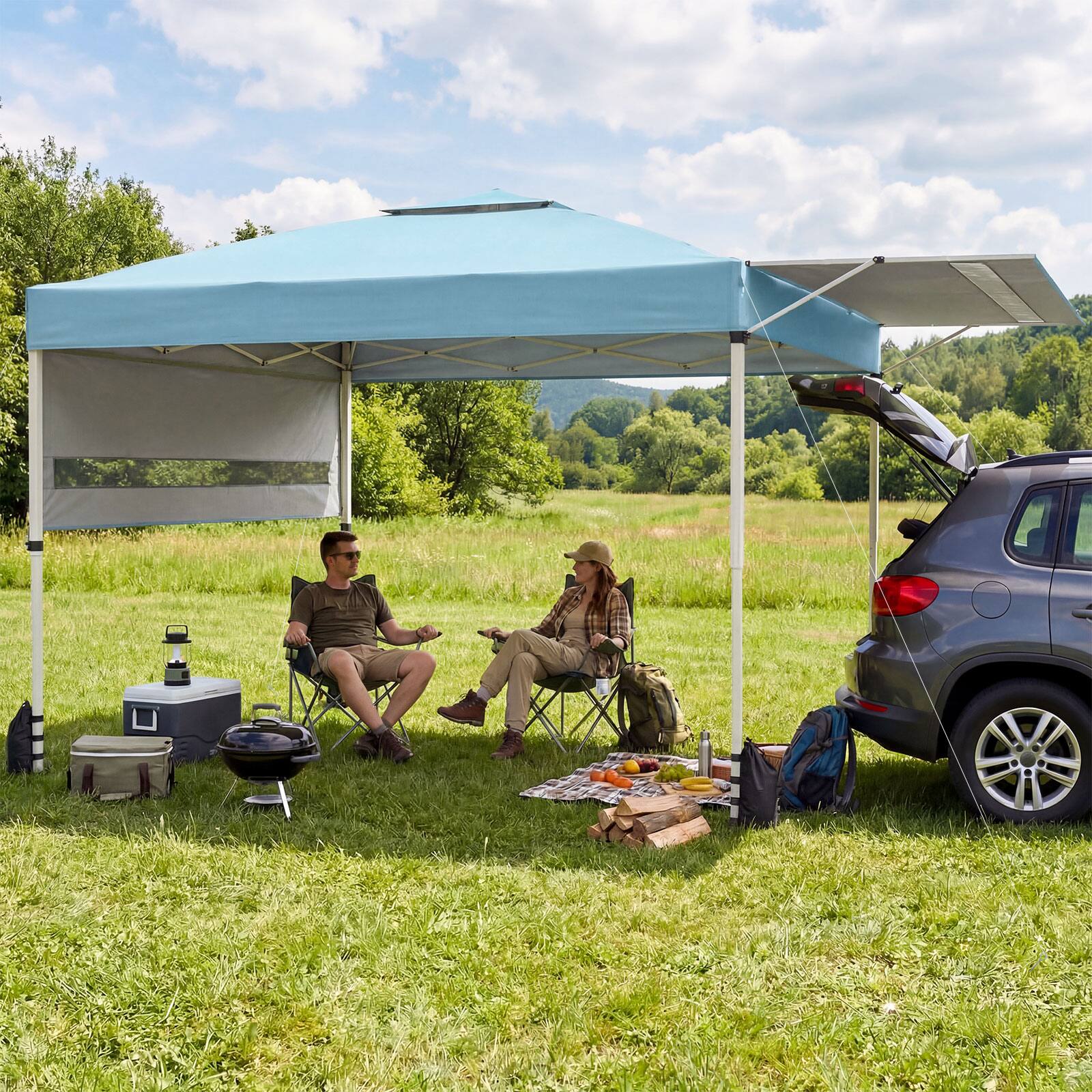 Alt View 4. Costway - Costway 10x17 FT Pop Up Canopy Tent with Dual Adjustable Awnings, Silver-Coated Fabric - Blue.