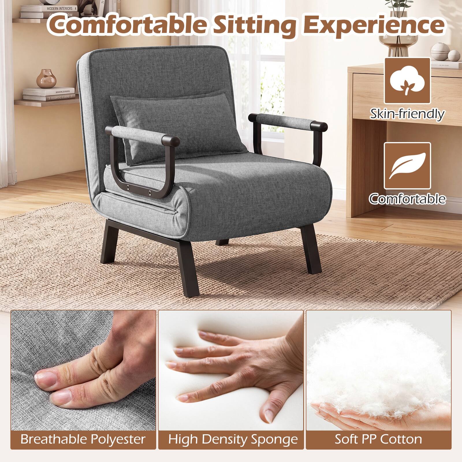 - Modern Interiors
- Comfortable Sitting Experience
- Skin-friendly
- Comfortable
- Breathable Polyester
- High Density Sponge
- Soft PP Cotton