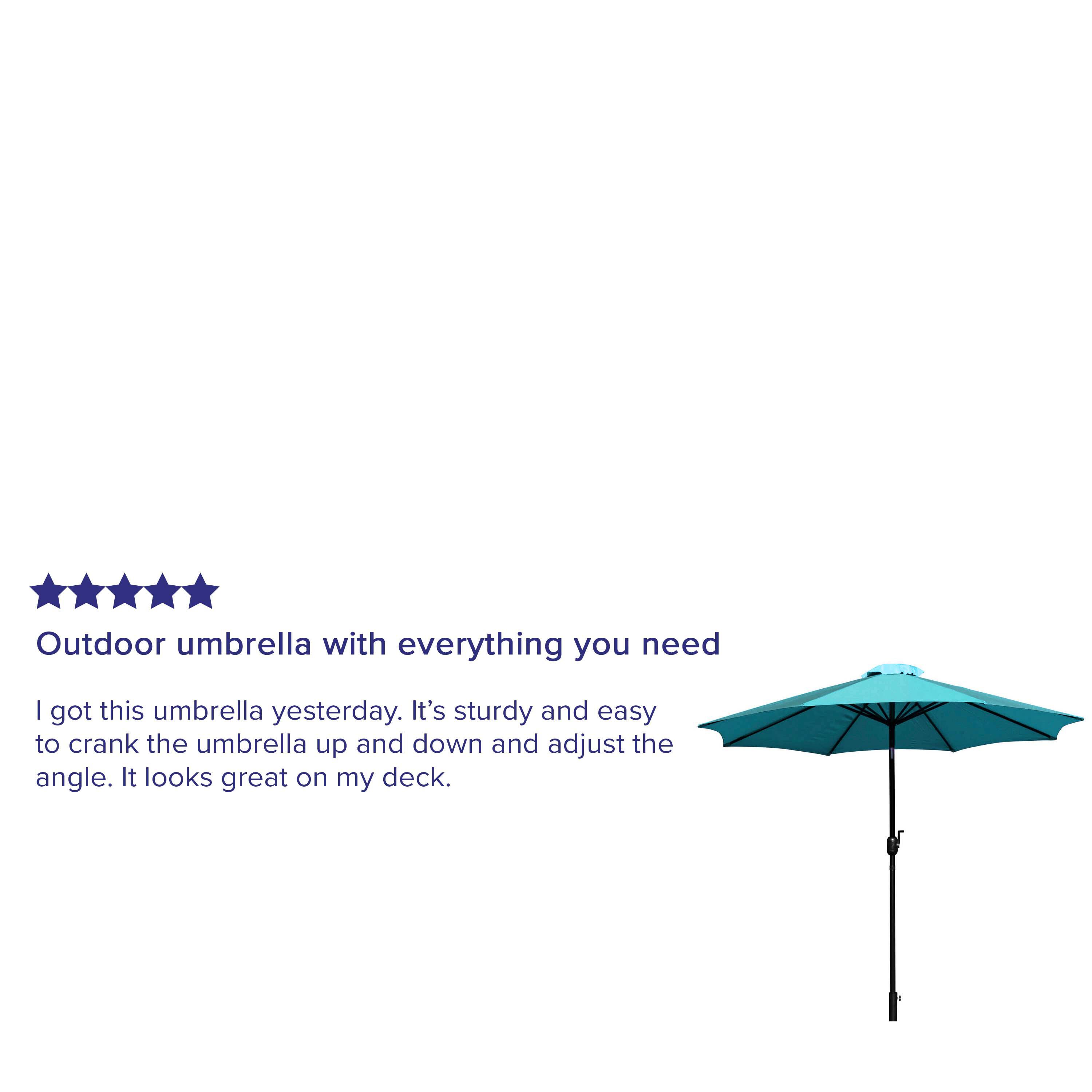 Outdoor umbrella with everything you need

I got this umbrella yesterday. It's sturdy and easy to crank the umbrella up and down and adjust the angle. It looks great on my deck.