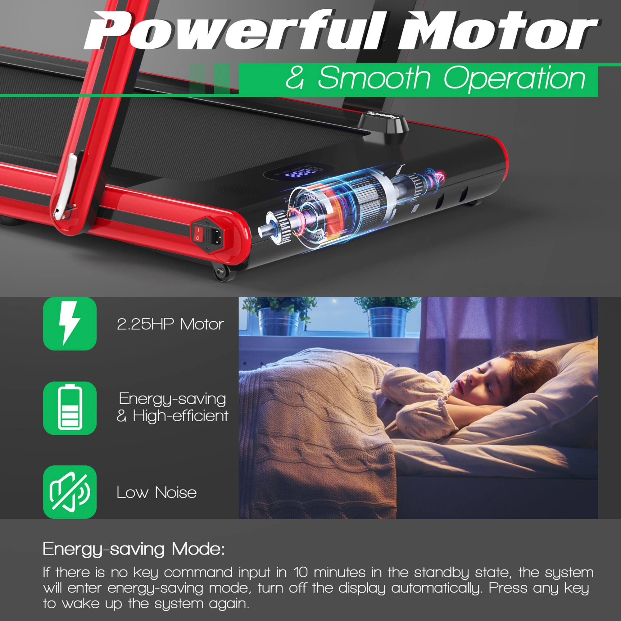 Powerful Motor & Smooth Operation

- 2.25HP Motor
- Energy-saving & High-efficient
- Low Noise

Energy-saving Mode:
If there is no key command input in 10 minutes in the standby state, the system will enter energy-saving mode, turn off the display automatically. Press any key to wake up the system again.