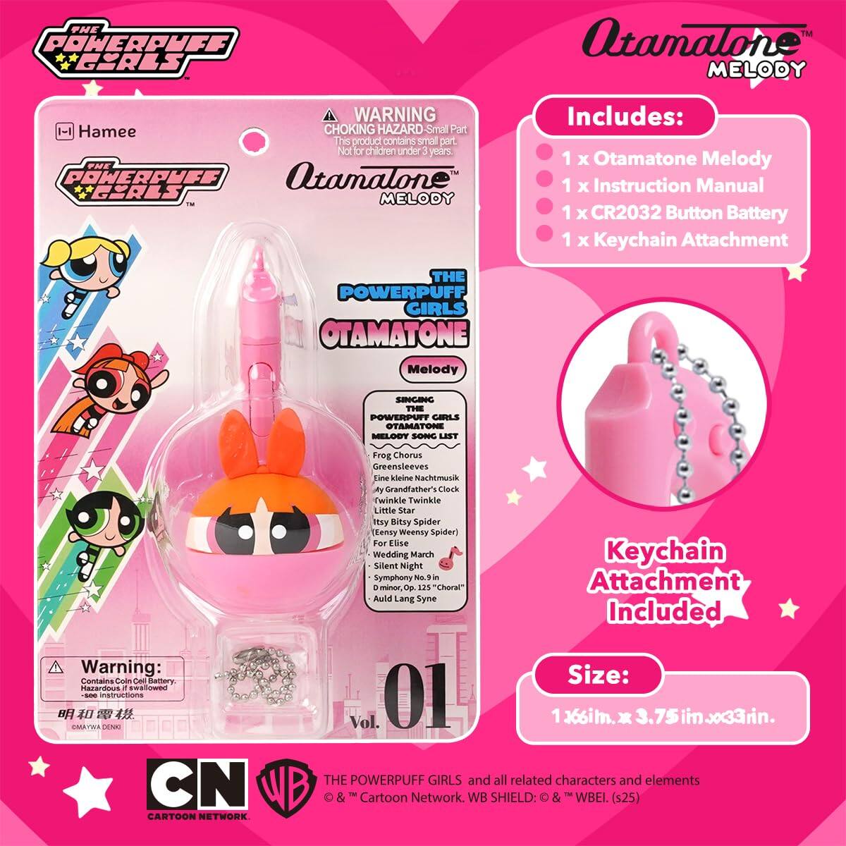 **The Powerpuff Girls Otamatone Melody**

**WARNING: CHOKING HAZARD - Small Part**
This product contains small parts. Not for children under 3 years.

**Includes:**
- 1 x Otamatone Melody
- 1 x Instruction Manual
- 1 x CR2032 Button Battery
- 1 x Keychain Attachment

**Keychain Attachment Included**

**Size:**
1 x 6.61in x 3.75in x 3.33in

**The Powerpuff Girls and all related characters and elements © & ™ Cartoon Network, WB & ™ "WBEI. (s25)**

**SONG LIST:**
- Frog Chorus
- Greensleeves
- Line bleine Nachtmusik
- Ay Grandfather's Clock
- Twinkle Twinkle Little Star
- Itsy Bitsy Spider (Eensy Weensy Spider)
- For Elise
- Wedding March
- Silent Night
- Symphony No. 125 "Choral"
- Auld Lang Syne

**Warning:**
Contains Coin Cell Battery, see instructions

**Hamee**

**Otamatone Mel