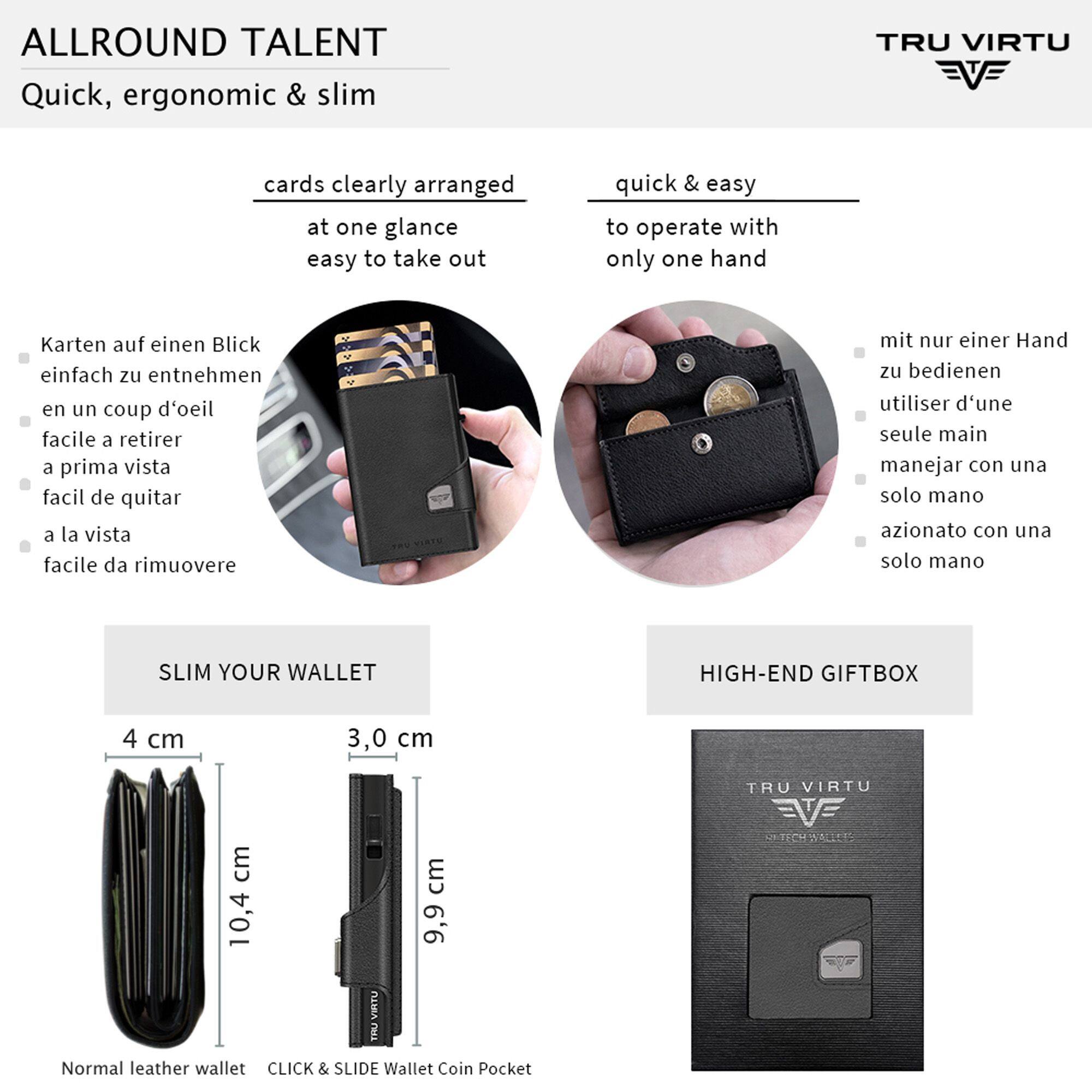 ALLROUND TALENT  
Quick, ergonomic & slim

cards clearly arranged at one glance  
easy to take out

quick & easy to operate with only one hand

Karten auf einen Blick einfach zu entnehmen  
en un coup d'oeil facile à retirer  
a prima vista facil de quitar  
à la vista

mit nur einer Hand zu bedienen  
utiliser d'une seule main  
manejar con una sola mano  
azione con una sola mano

SLIM YOUR WALLET  
4 cm  
3,0 cm  
10,4 cm  
9,9 cm

HIGH-END GIFTBOX

Normal leather wallet  
CLICK & SLIDE Wallet Coin Pocket