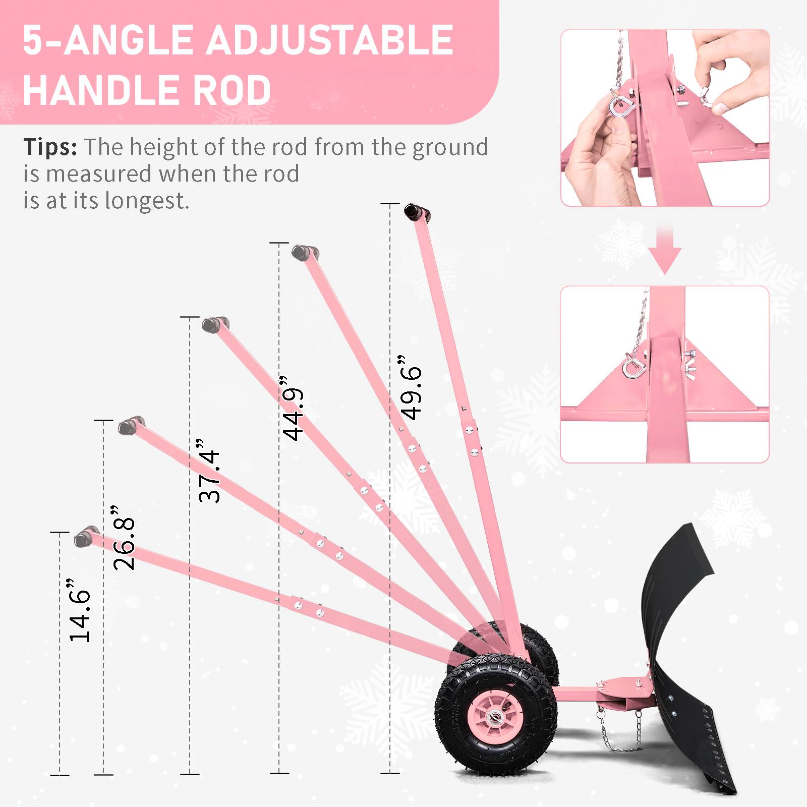 5-ANGLE ADJUSTABLE HANDLE ROD

Tips: The height of the rod from the ground is measured when the rod is at its longest.

14.6"
26.8"
37.4"
44.9"
49.6"
