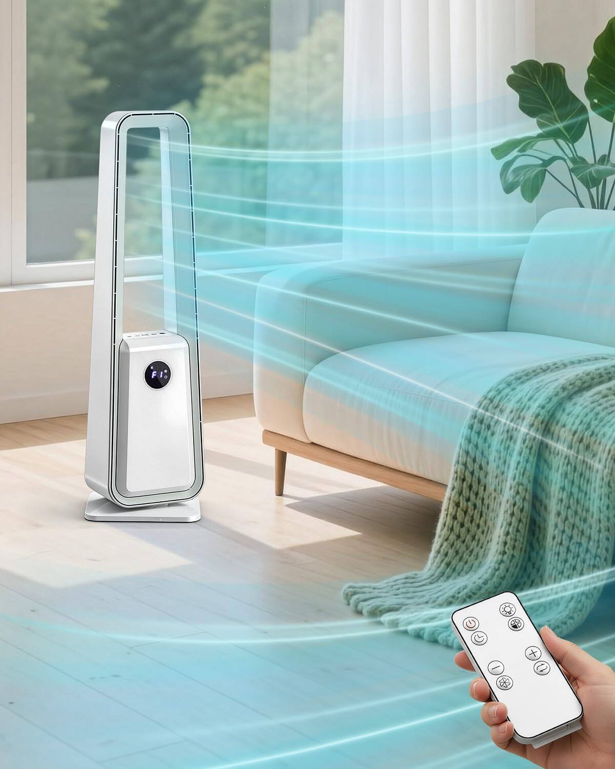 Alt View 9. Winado - 35" Bladeless Tower Fan, Portable Floor Fan with Remote Control, LED Display, Adjustable 60° Oscillating, 3 Speeds - White.