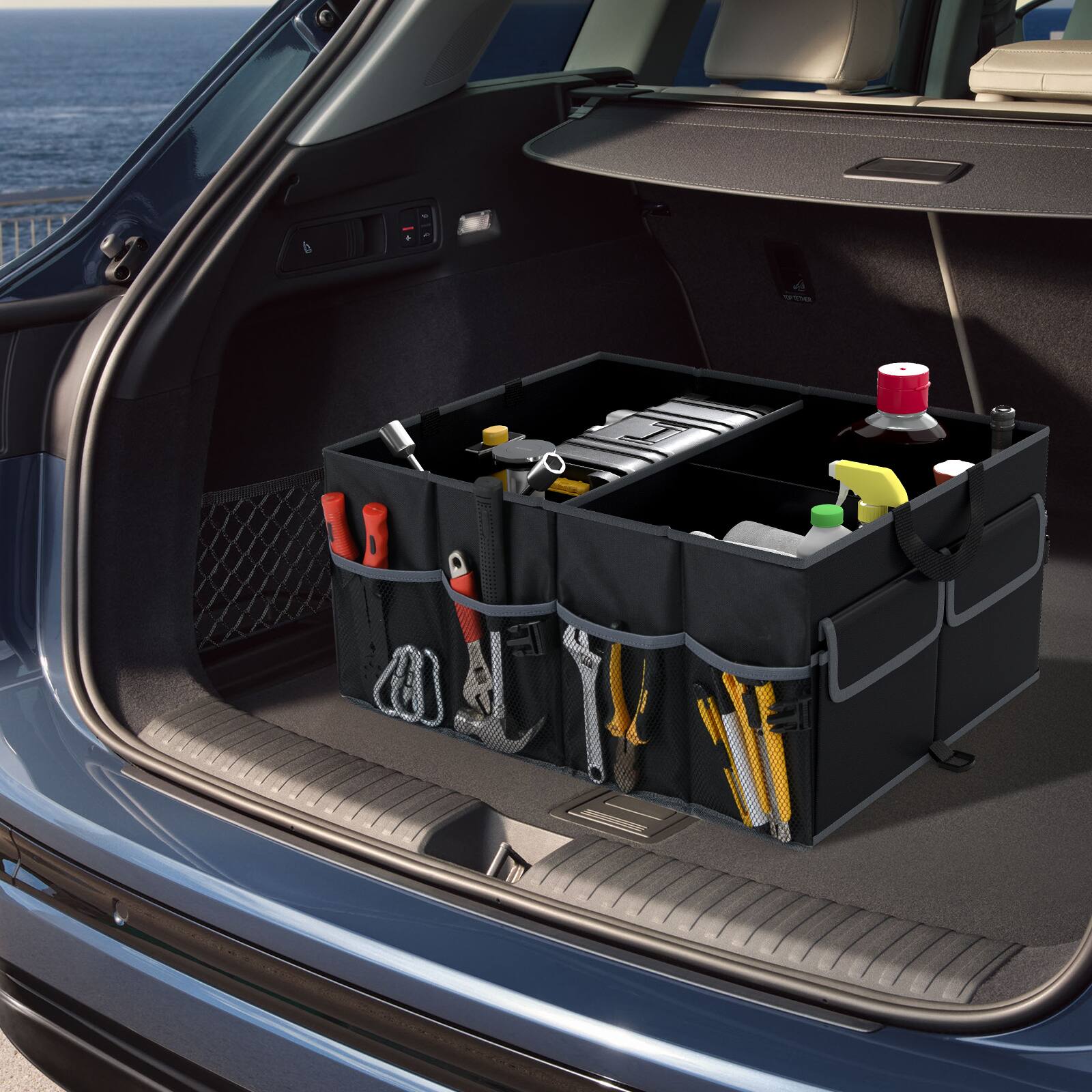 Alt View 1. Gymax - Gymax Car Trunk Organizer 13 Gallon Collapsible Cargo Storage Box w/ Removable Divider - Black.