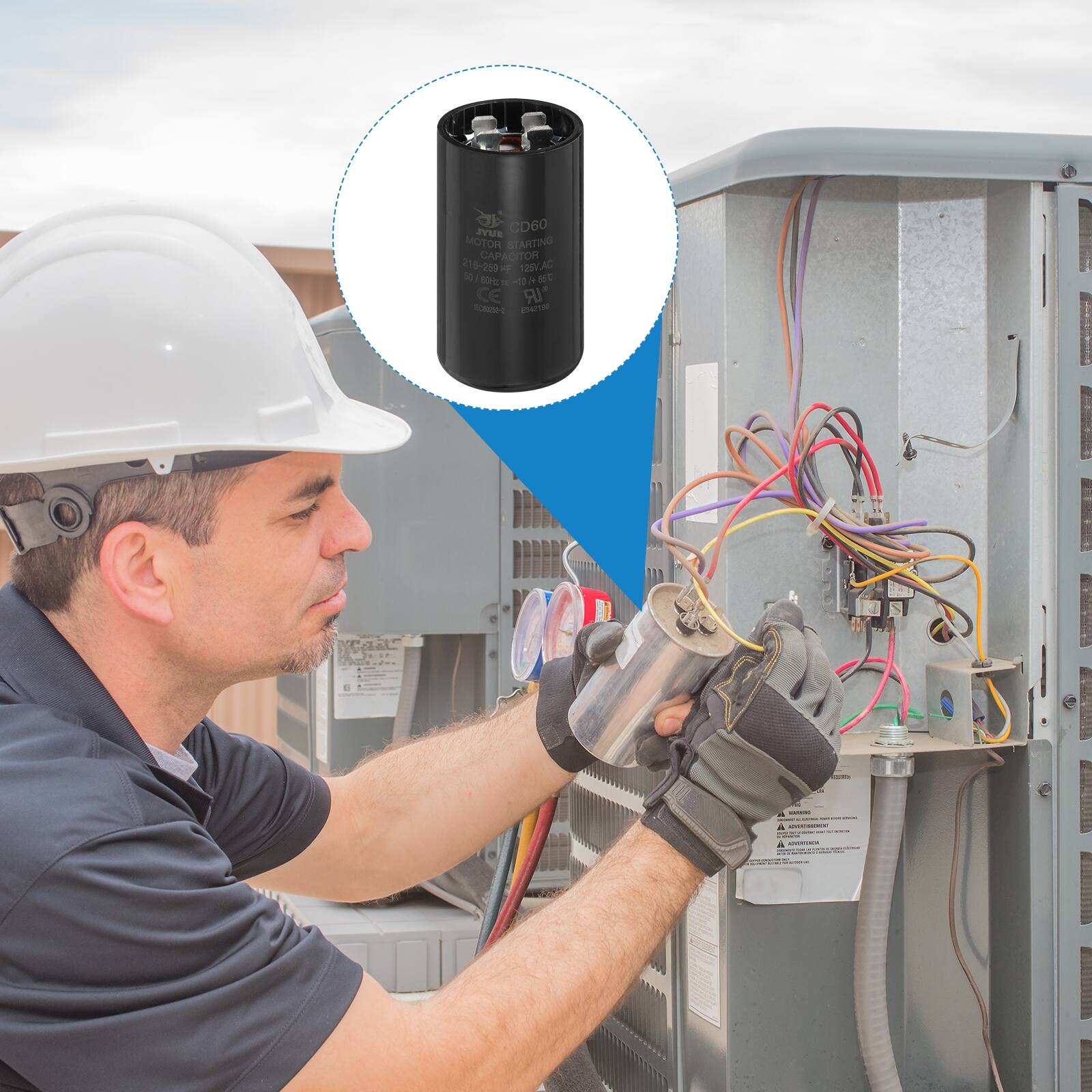 CD60 POE MOTOR STARTING CAPACITOR TOH a 15-209 129V.AC - 50 /0 -0 e 05 CE IR - ENTH