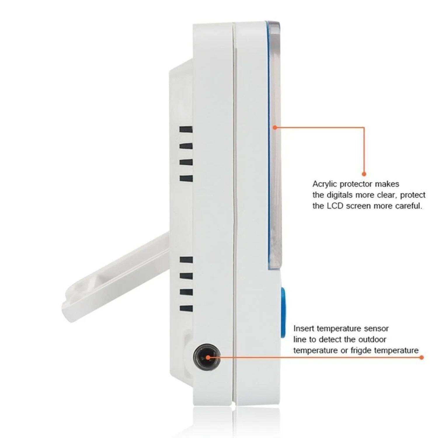 Acrylic protector makes the digits more clear, protect the LCD screen more careful.

Insert temperature sensor line to detect the outdoor temperature or fridge temperature.