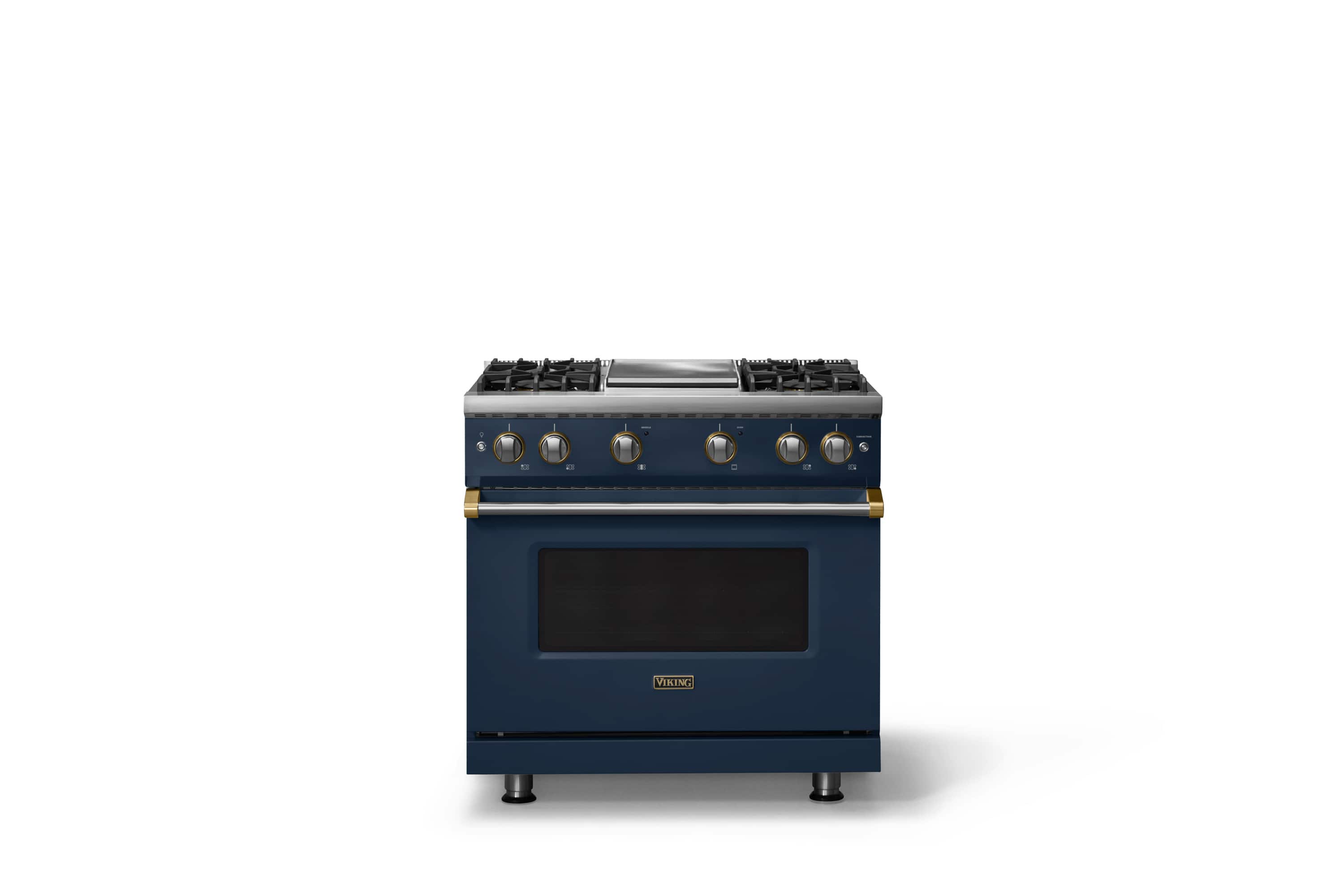 Front. Viking - 36 in. Wide 4 Burner Pro 5 Series 5.1 Cu. Ft. Freestanding Sealed 4 Burner LP Gas Convection Range with Brushed Brass - Slate Blue.