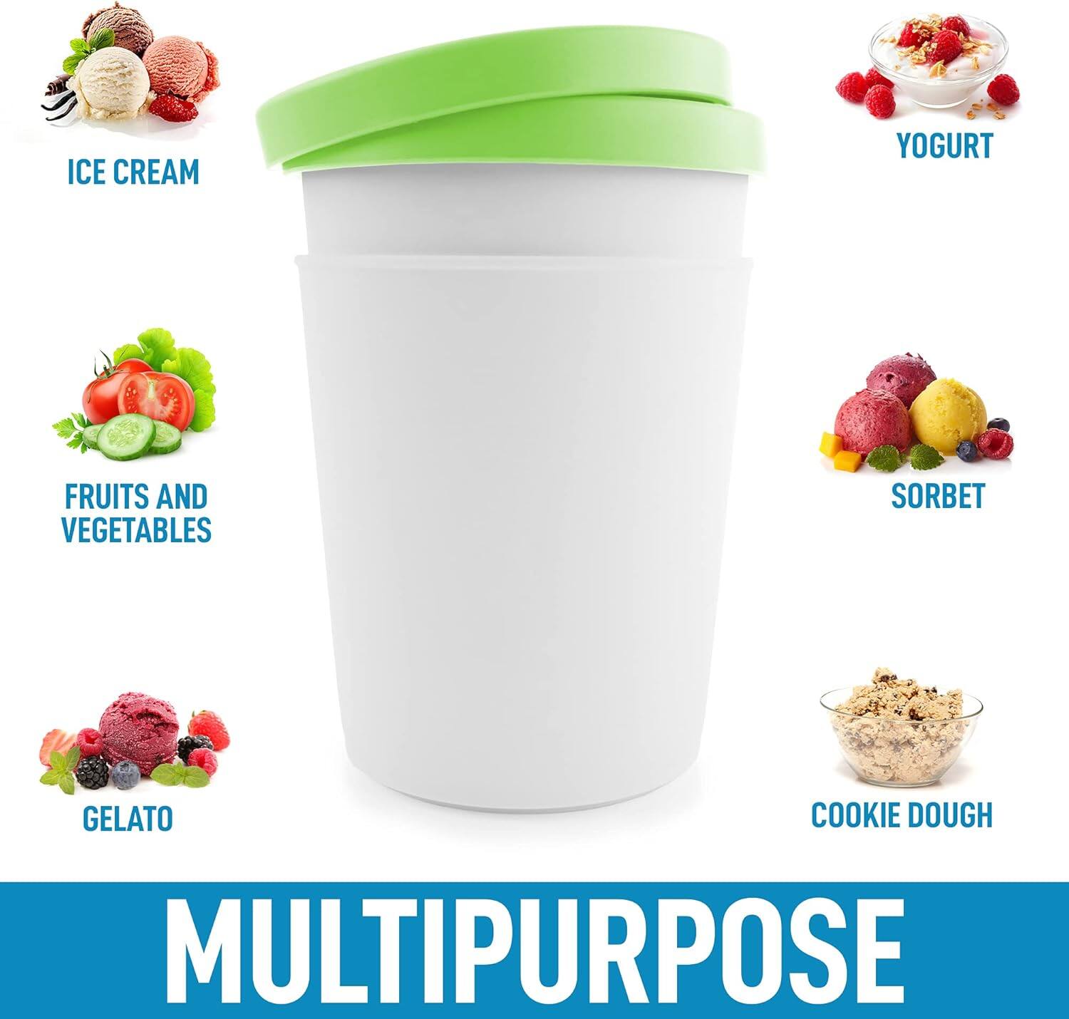 ICE CREAM  
YOGURT  
FRUITS AND VEGETABLES  
SORBET  
GELATO  
COOKIE DOUGH  

MULTIPURPOSE