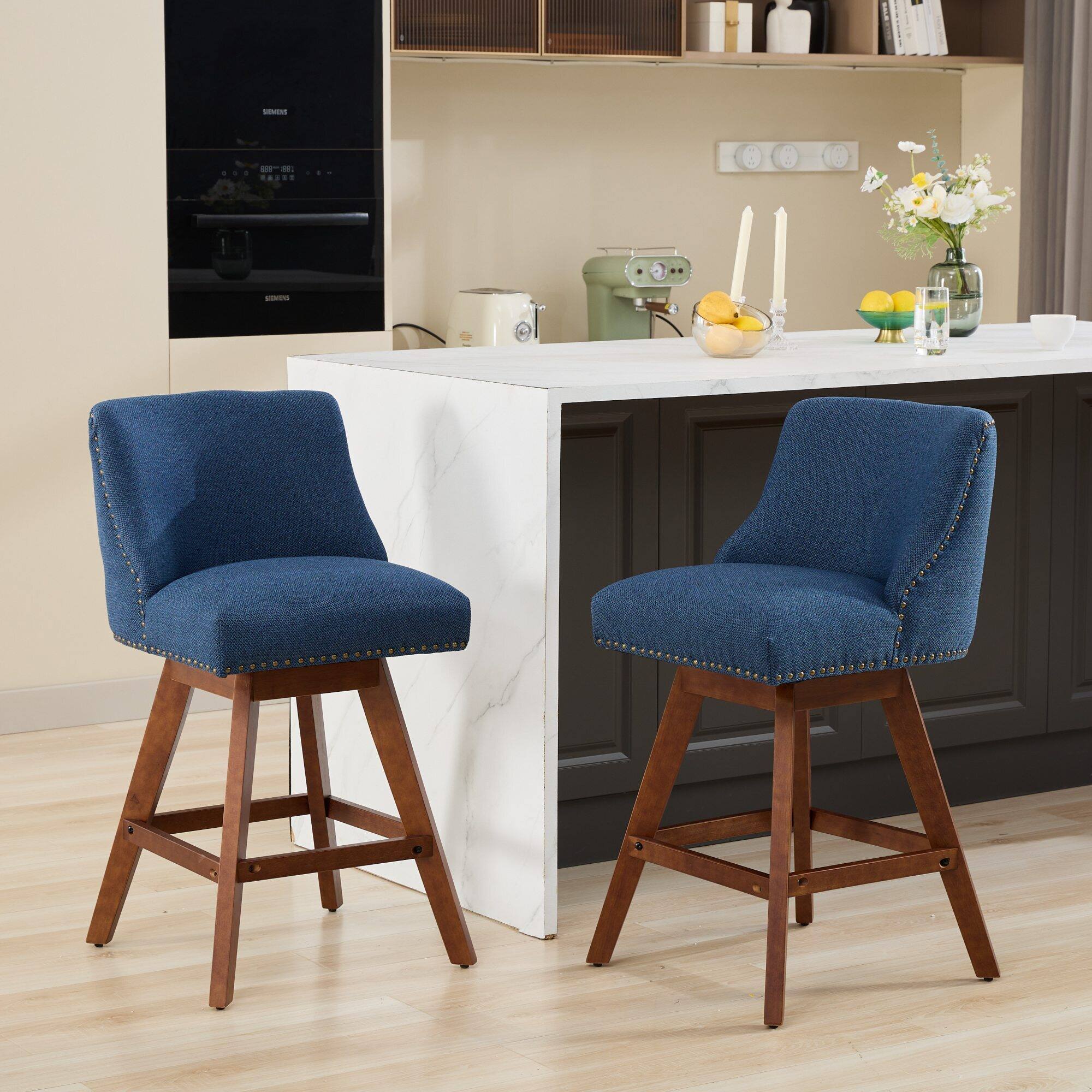 Trinkets Crazed - Counter Height Swivel Barstools Set of 2, 26'' H Seat Height Upholstered Bar Stools, Fabric - Blue