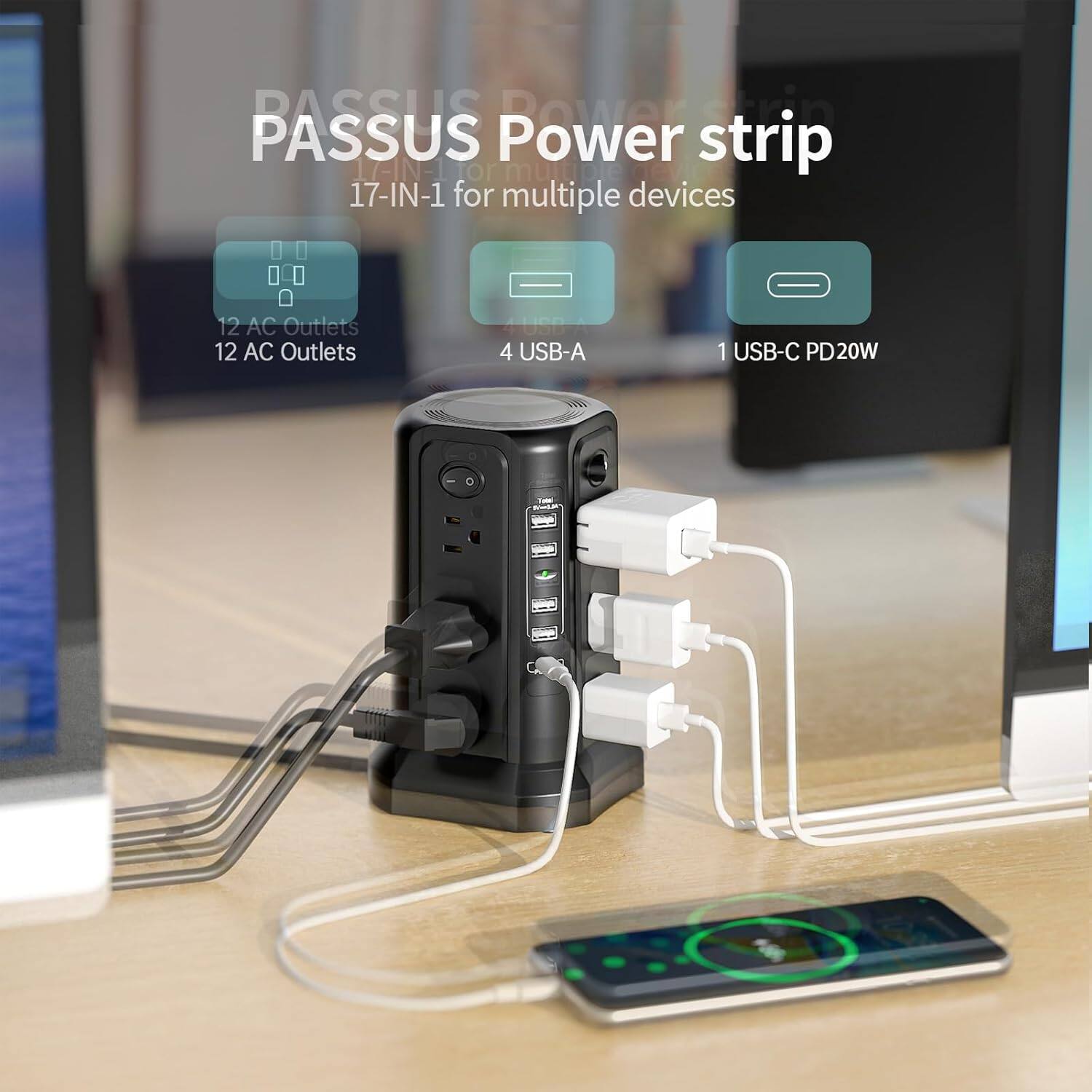 PASSUS Power strip  
17-IN-1 for multiple devices  
12 AC Outlets  
4 USB-A  
1 USB-C PD20W